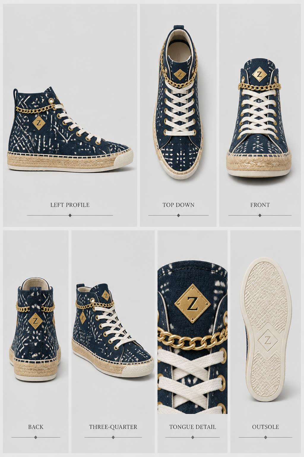 Z-Vibe Uplifting Sole™ Indigo Espadrille — Women · Footwear seven-view specification plate; showing 01 Front, 02 Left, 03 Right, 04 Back, 05 Interior, 06 Inner tags, 07 Fabric detail; made in Indigo Bogolan mudcloth, cotton laces, jute espadrille midsole, brass insignia; shown in Indigo Mud, Sable Mud, Ivory Cream, Ochre Earth, Obsidian Gold, Jute Natural.