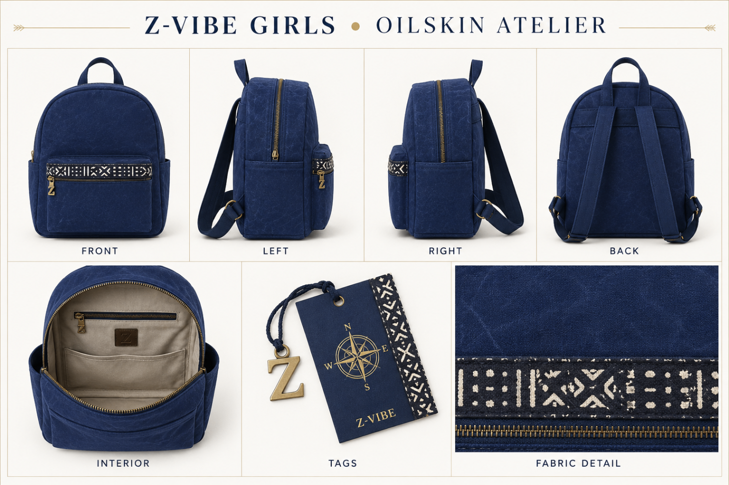 Indigo Oilskin Backpack — Girls — House · Z-Vibe Oilskin Atelier™ seven-view specification plate; showing 01 Front, 02 Left, 03 Right, 04 Back, 05 Interior, 06 Inner tags, 07 Fabric detail. — 01 Front, Indigo