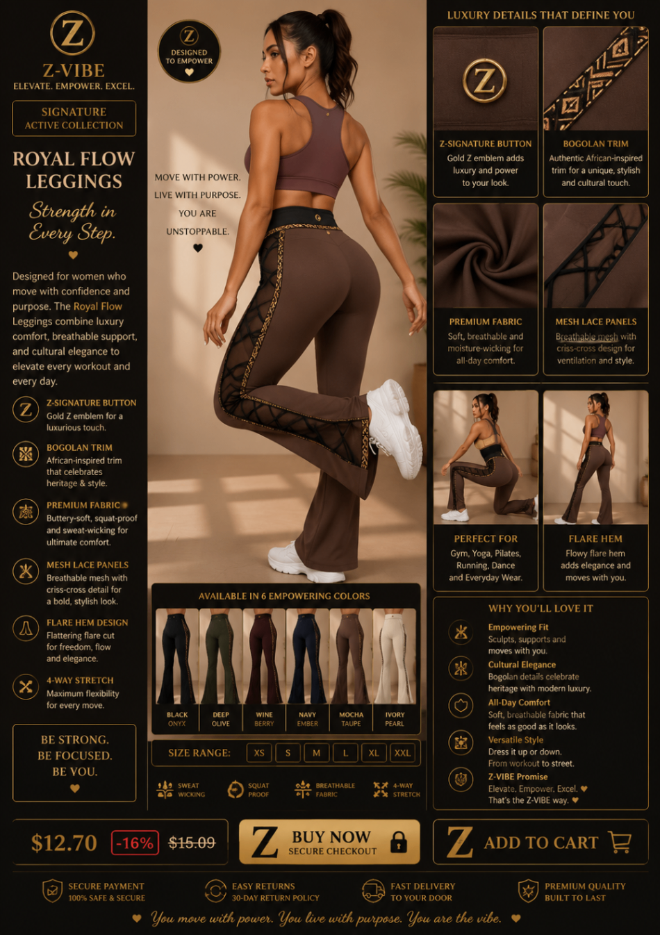 Royal Flow Leggings — Women — House · Z-Vibe Signature Collection seven-view specification plate; showing 01 Front, 02 Left, 03 Right, 04 Back, 05 Interior, 06 Inner tags, 07 Fabric detail. — 01 Front, Black Onyx