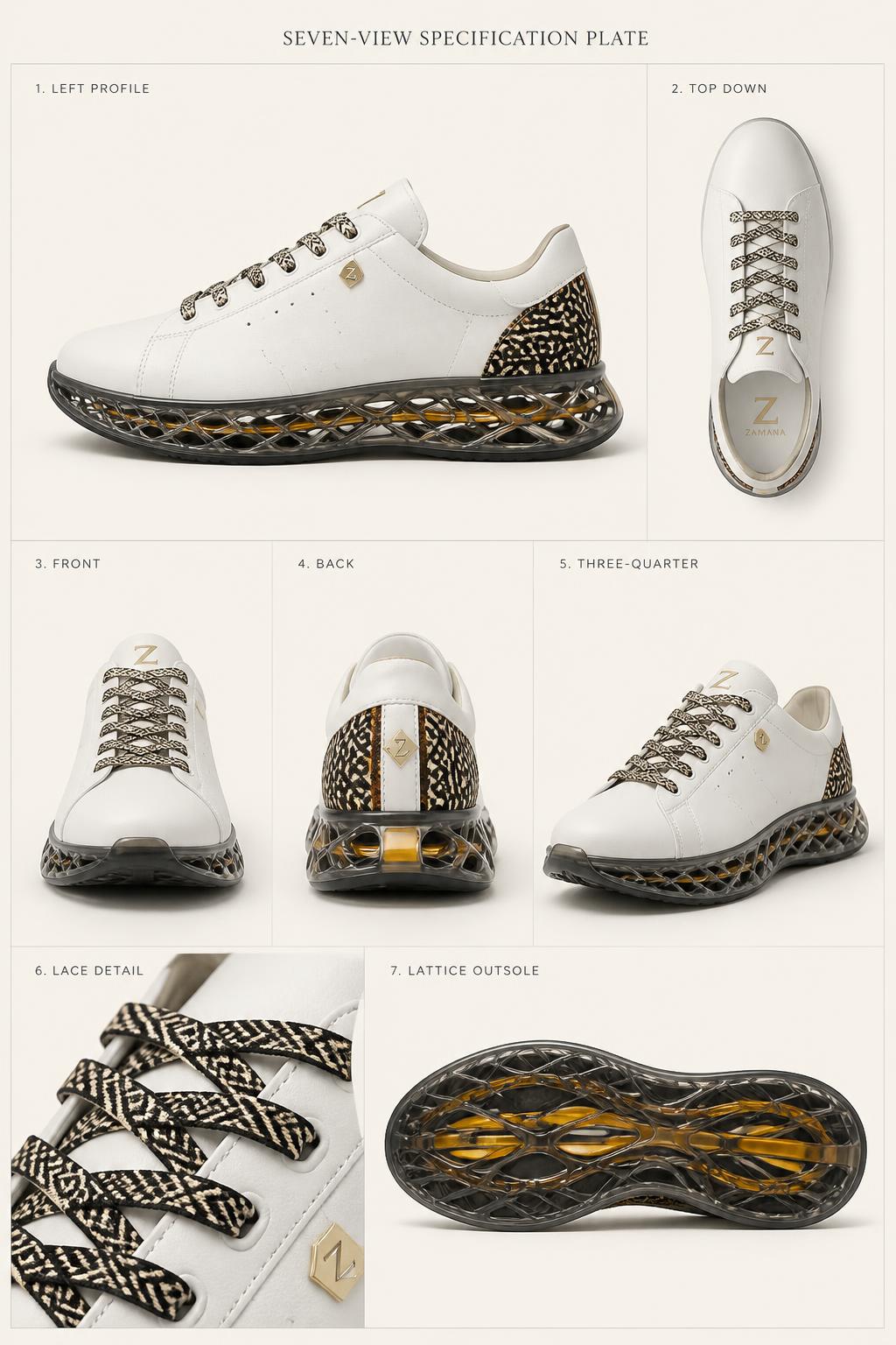 Z-Vibe Lattice™ Ivory Runner — Women · Footwear seven-view specification plate; showing 01 Front, 02 Left, 03 Right, 04 Back, 05 Interior, 06 Inner tags, 07 Fabric detail; made in Full-grain ivory calf, Bogolan mudcloth heel counter, woven Bogolan mudcloth laces, carbon lattice midsole; shown in Ivory Amber, Ivory Indigo, Sable Amber, Bone Gold, Obsidian Gold, Clear Carbon.