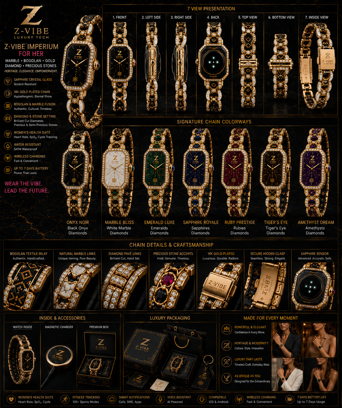 Imperium Marble Bliss Jewellery Watch — Women — House · Z-Vibe Imperium seven-view specification plate; showing 01 Front, 02 Left, 03 Right, 04 Back, 05 Interior, 06 Inner tags, 07 Fabric detail. — 01 Front, Marble Bliss / Gold