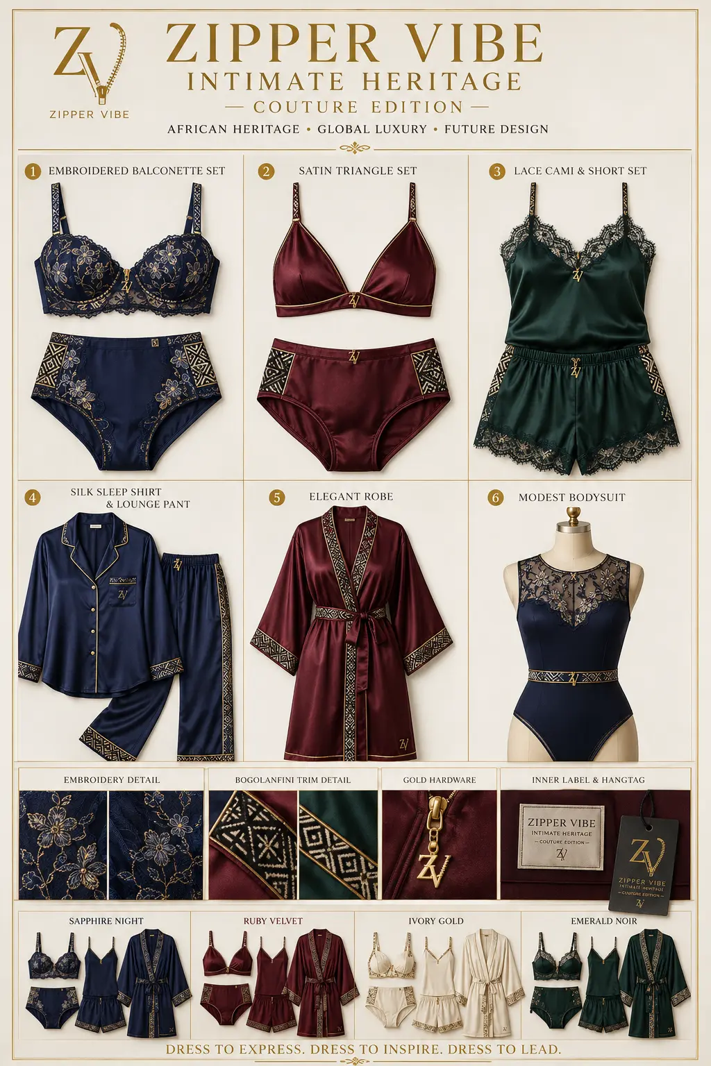 Z-VIBE Intimate Heritage™ Couture — Women · Nightwear seven-view specification plate; showing 01 Front, 02 Left, 03 Right, 04 Back, 05 Interior, 06 Inner tags, 07 Fabric detail. — 01 Front, Sapphire Night