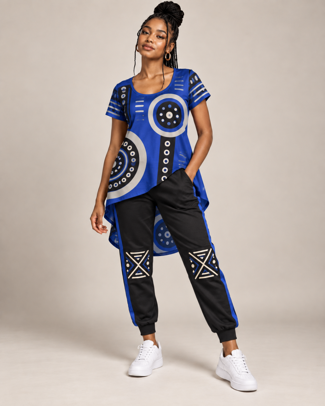 Royal Orbit Tee & Black Knee-Panel Joggers — Women — House · Z-Vibe Bogolan Lounge™ seven-view specification plate; showing 01 Front, 02 Left, 03 Right, 04 Back, 05 Interior, 06 Inner tags, 07 Fabric detail. — 01 Front, Royal Blue / Black