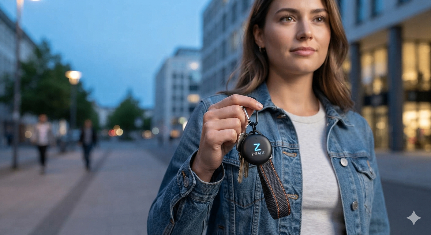 Z-SAFE™ Keychain Carry — Z-Tech · Safety seven-view specification plate; showing 01 Keychain, 02 Belt clip, 03 Pocket, 04 Necklace, 05 Bag clip, 06 In hand, 07 Detail.