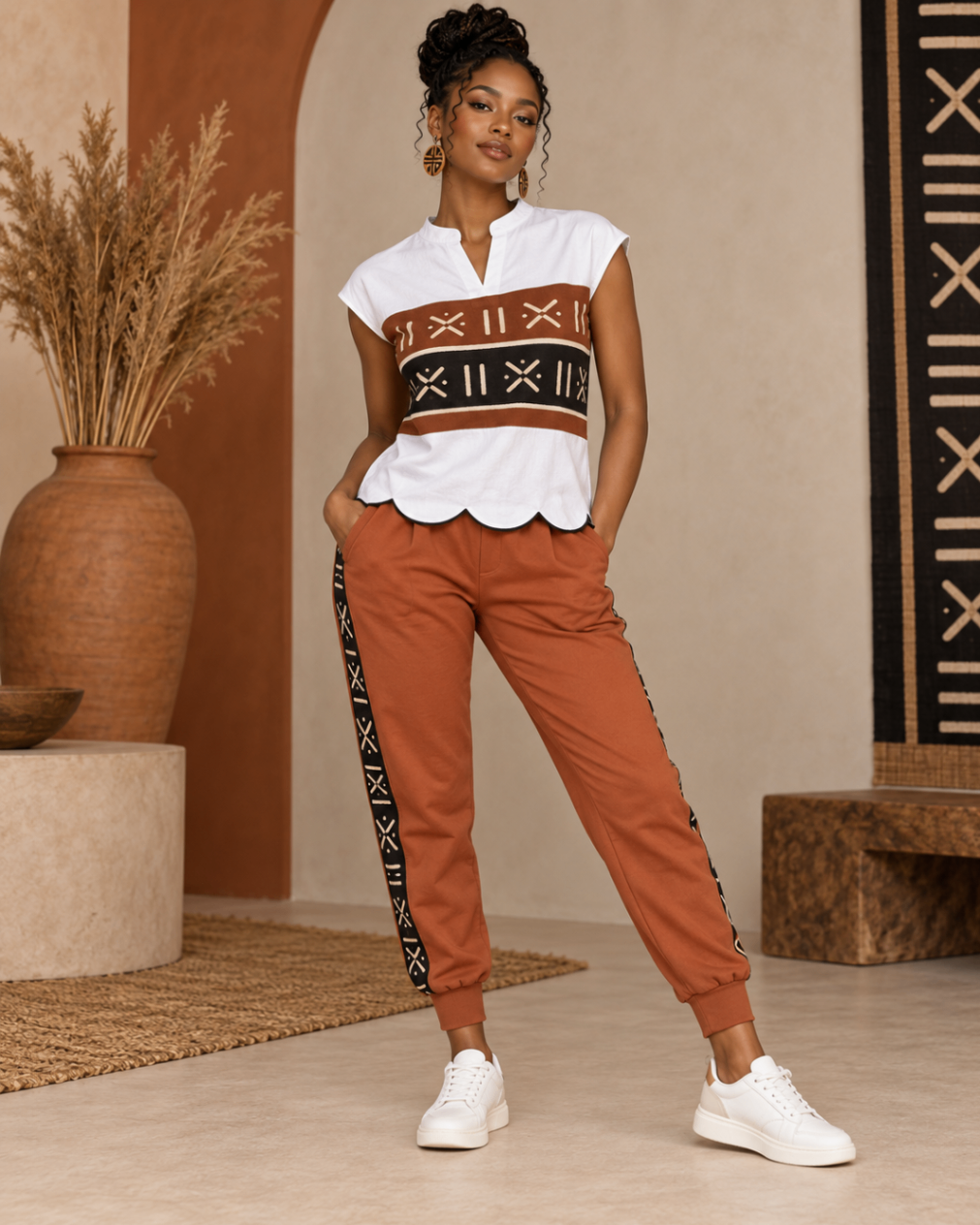 White Scallop Tee & Terracotta Joggers — Women — House · Z-Vibe Bogolan Lounge™ seven-view specification plate; showing 01 Front, 02 Left, 03 Right, 04 Back, 05 Interior, 06 Inner tags, 07 Fabric detail. — 01 Front, White / Terracotta