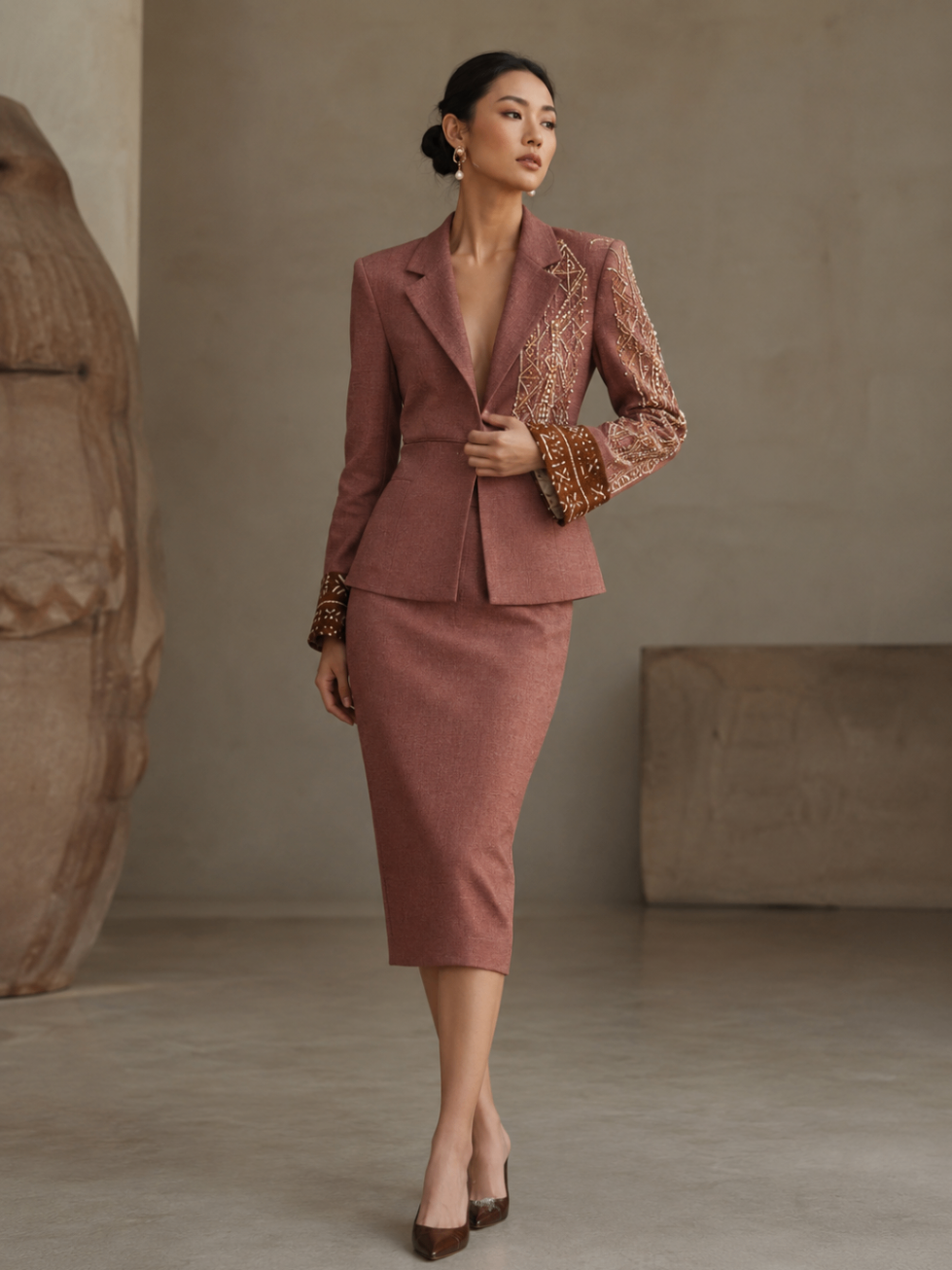 Rosewood Mudcloth Skirt Suit — Women — House · Z-Vibe Heritage Boards™ seven-view specification plate; showing 01 Front, 02 Left, 03 Right, 04 Back, 05 Interior, 06 Inner tags, 07 Fabric detail. — 01 Front, Rosewood
