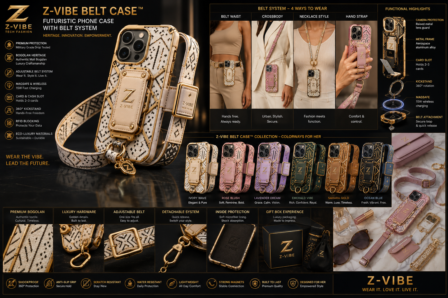 Aurea Belt Case — Pour Elle — Women — House · Z-Vibe Aurea seven-view specification plate; showing 01 Front, 02 Left, 03 Right, 04 Back, 05 Interior, 06 Inner tags, 07 Fabric detail. — 01 Front, Ivory Wave