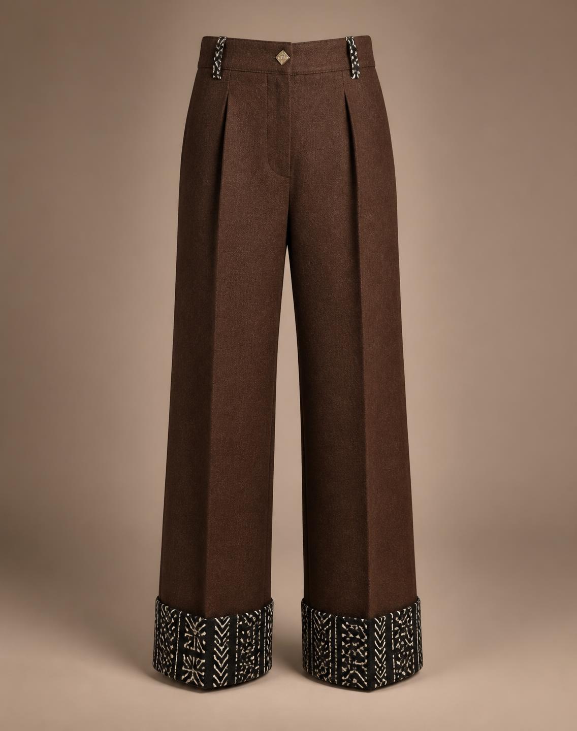 Cocoa Comet Pleat Pant — Girls — House · Z-Vibe Winter Pants Atelier™ seven-view specification plate; showing 01 Front, 02 Left, 03 Right, 04 Back, 05 Interior, 06 Inner tags, 07 Fabric detail. — 01 Front, Cocoa