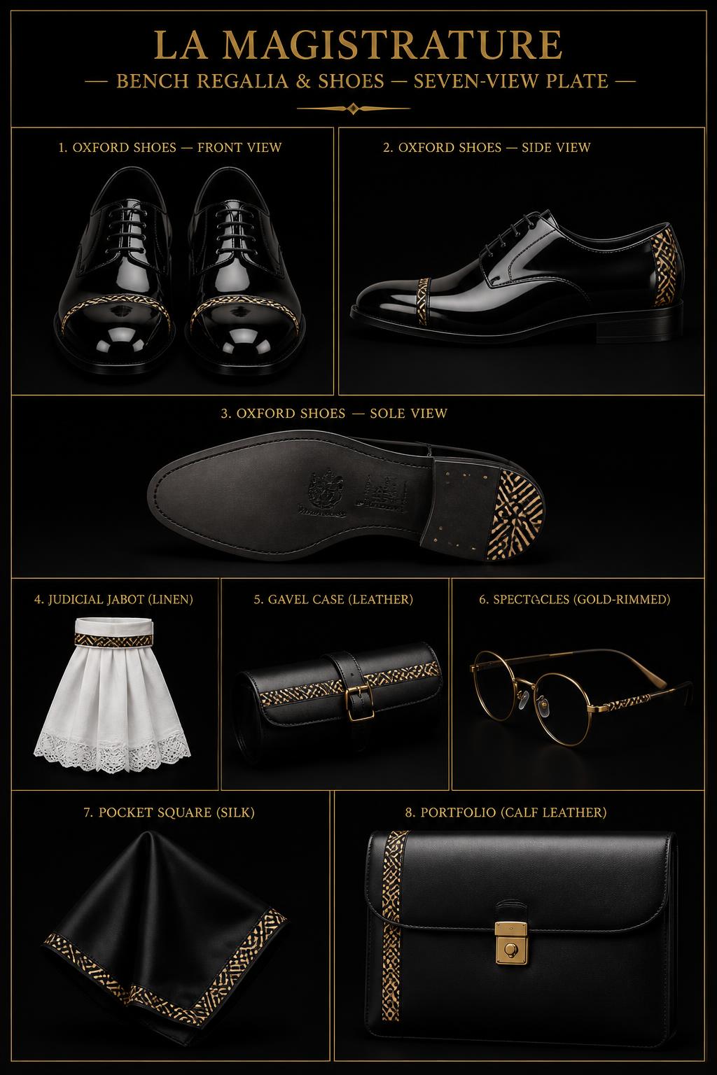 01 Front — Magistrature™ Bench Regalia & Shoes — Magistrature · Regalia seven-view specification plate; showing 01 Front, 02 Left, 03 Right, 04 Back, 05 Interior, 06 Inner tags, 07 Fabric detail; made in Patent calf, white linen, calf leather, gilt frames, silk twill, Bogolan mudcloth edging; shown in Bench Noir, Winter Ivory, Bullion Gold, Sable Noir.