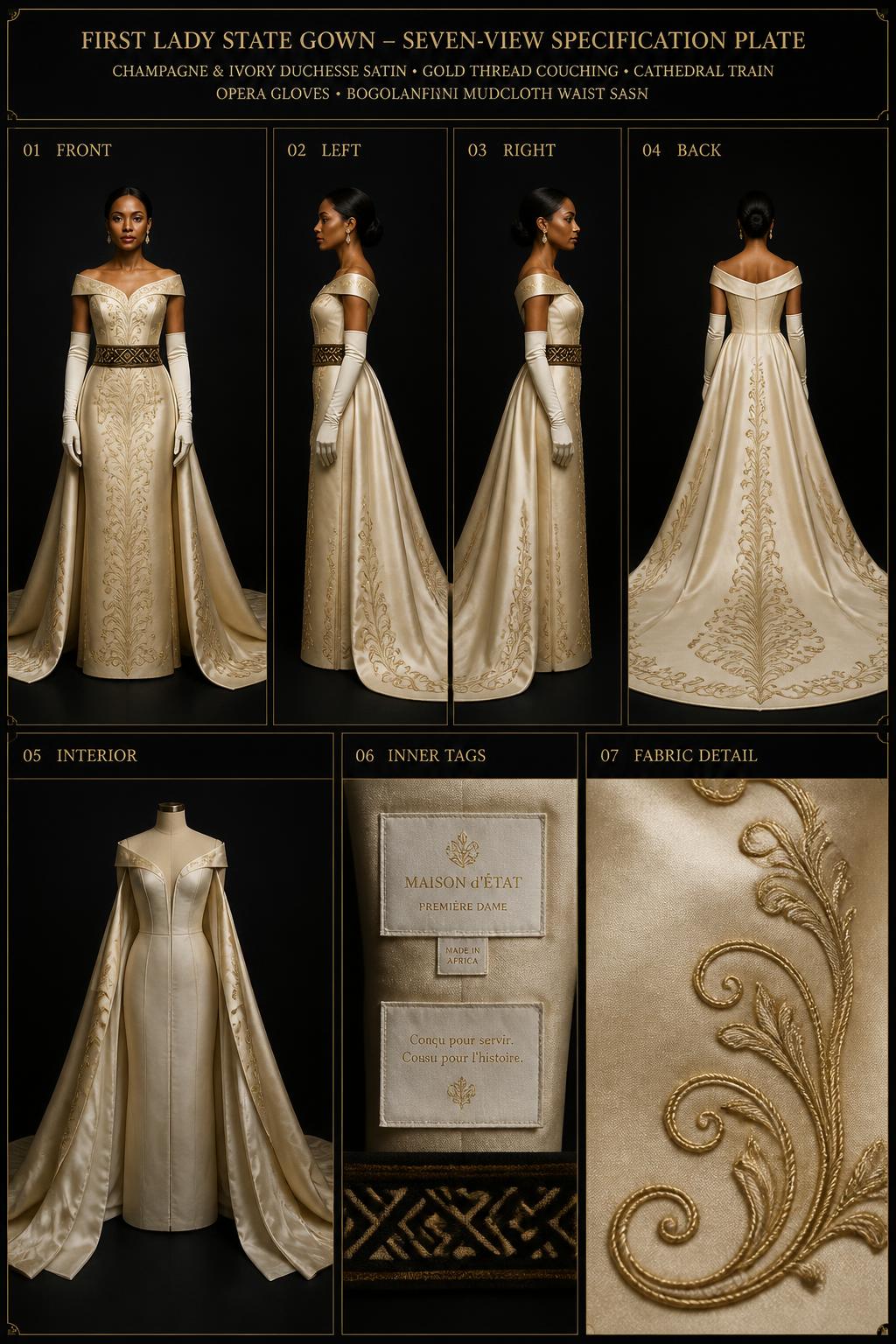 Royalty™ Première Dame State Gown — Royalty · Première Dame seven-view specification plate; showing 01 Front, 02 Left, 03 Right, 04 Back, 05 Interior, 06 Inner tags, 07 Fabric detail. — 01 Front, Champagne État