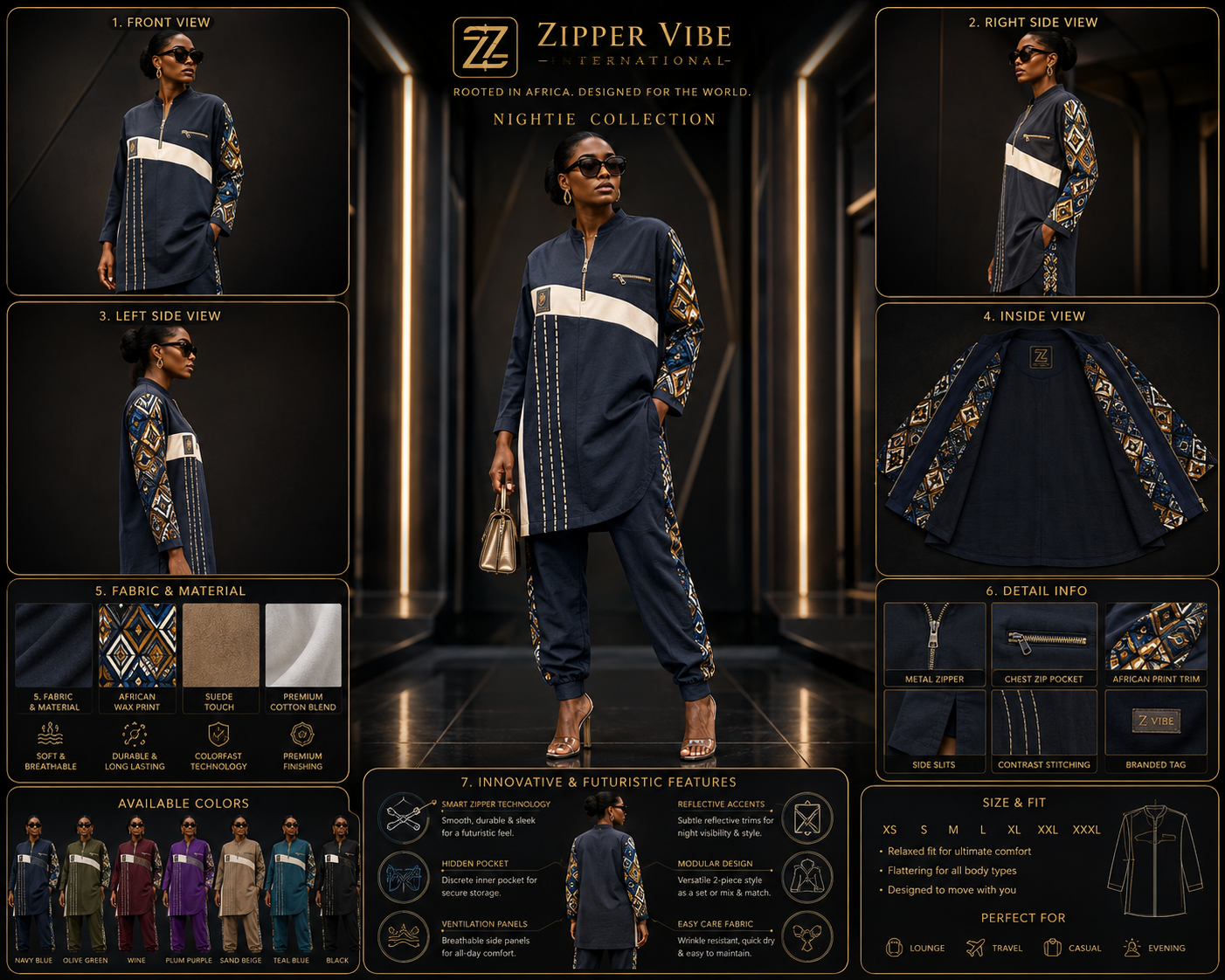 Obsidian Indigo — worn view of the collection look