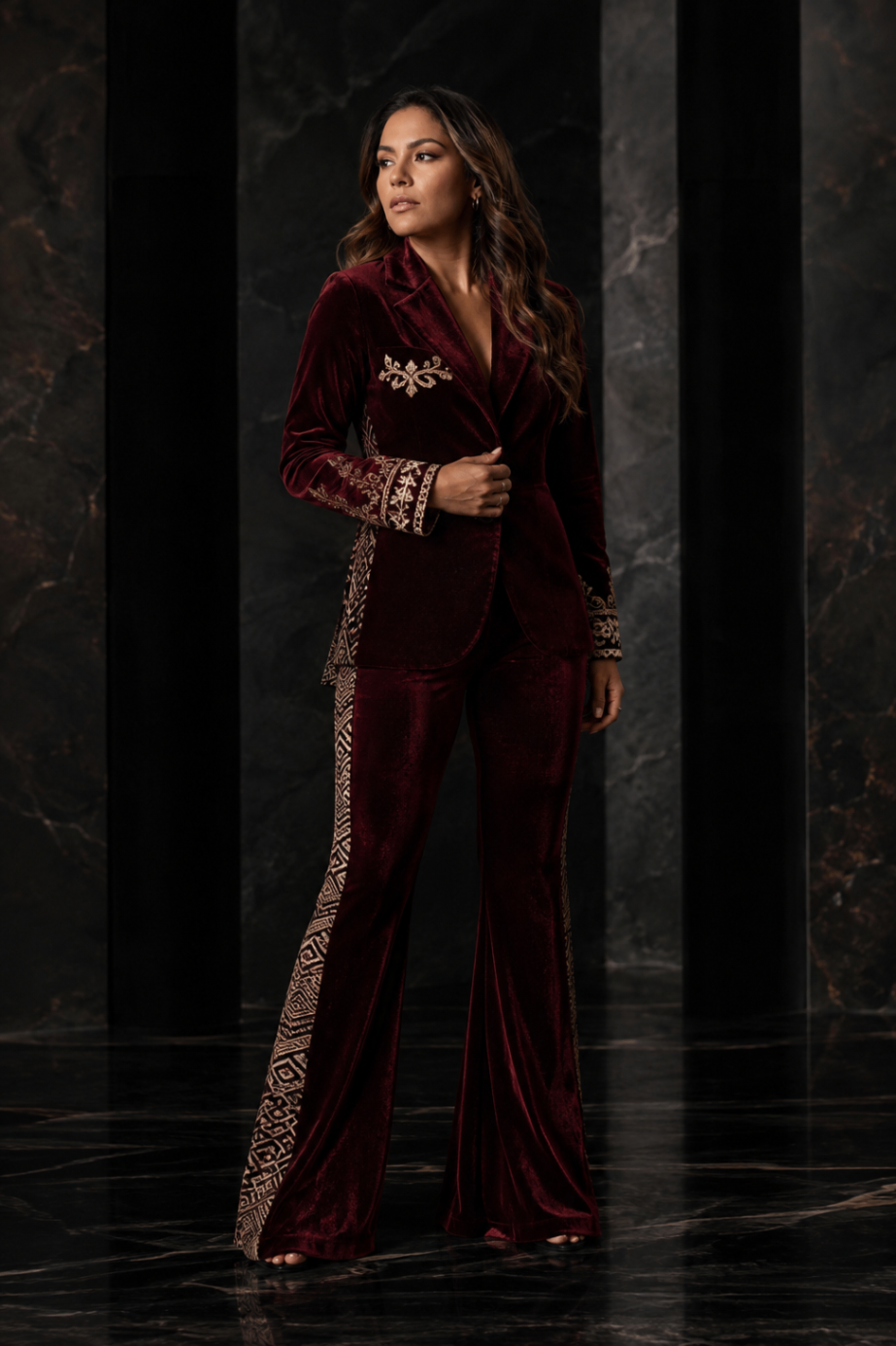 Burgundy Velvet Bogolan Stripe Suit design board