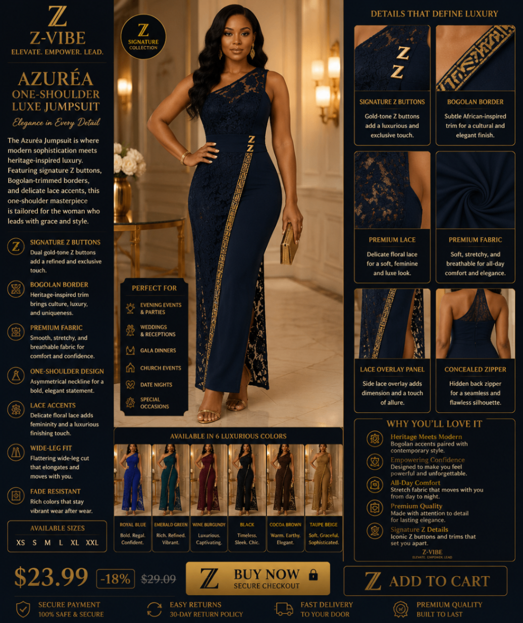 Azuréa One-Shoulder Luxe Jumpsuit — Women · Z-Vibe Signature Corporate related style