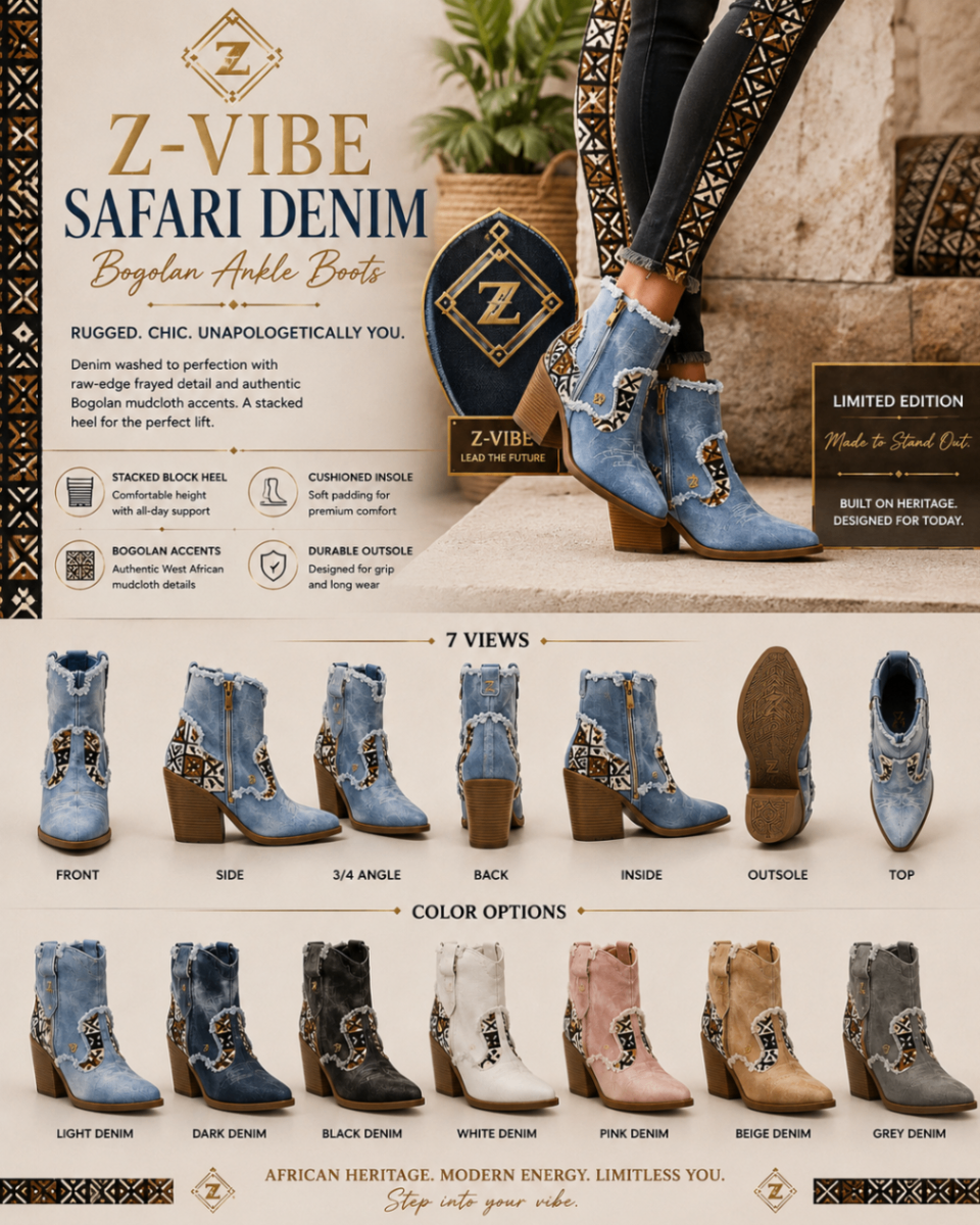 Safari Denim™ Bogolan mudcloth Ankle Boot — Women · Boots seven-view specification plate; showing 01 Front, 02 Left, 03 Right, 04 Back, 05 Interior, 06 Inner tags, 07 Fabric detail. — 01 Front, Light Denim