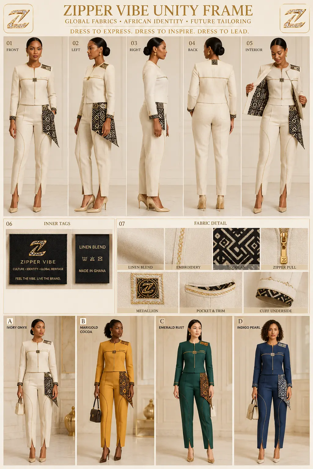 Unity Frame — Women · Future Tailoring seven-view specification plate; showing 01 Front, 02 Left, 03 Right, 04 Back, 05 Interior, 06 Inner tags, 07 Fabric detail.