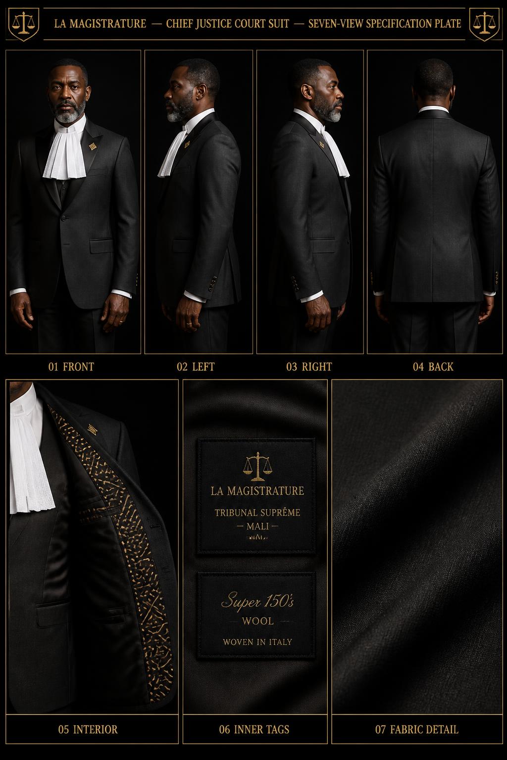01 Front — Magistrature™ Chief Justice Court Suit — Magistrature · The Bench seven-view specification plate; showing 01 Front, 02 Left, 03 Right, 04 Back, 05 Interior, 06 Inner tags, 07 Fabric detail; made in Super-150s Italian wool, black satin lapel, linen jabot, Bogolan mudcloth lapel facing; shown in Charcoal Court, Bench Noir, Midnight Navy, Obsidian Gold.