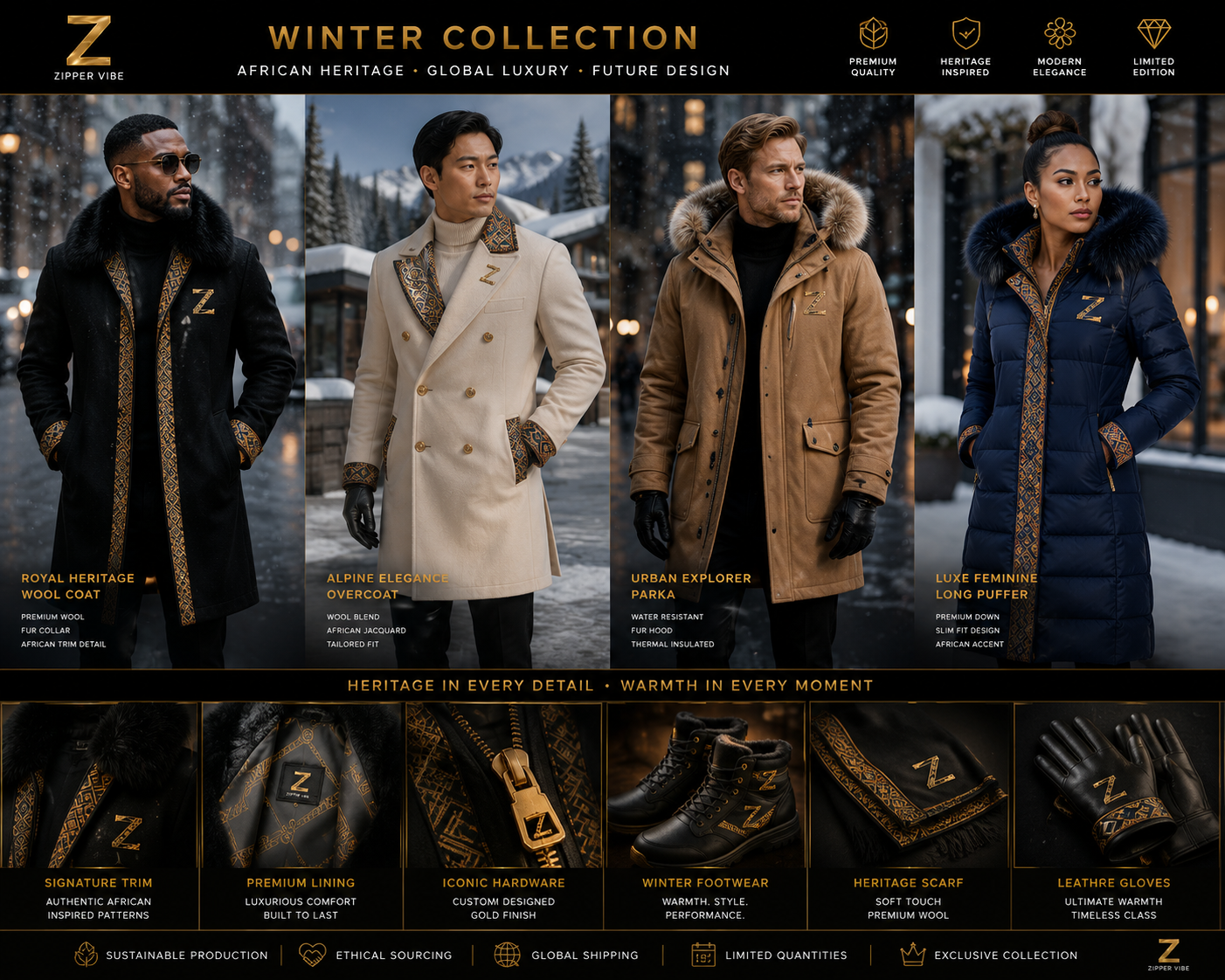 Zipper Vibe winter signature board with diverse models wearing four luxury outerwear looks