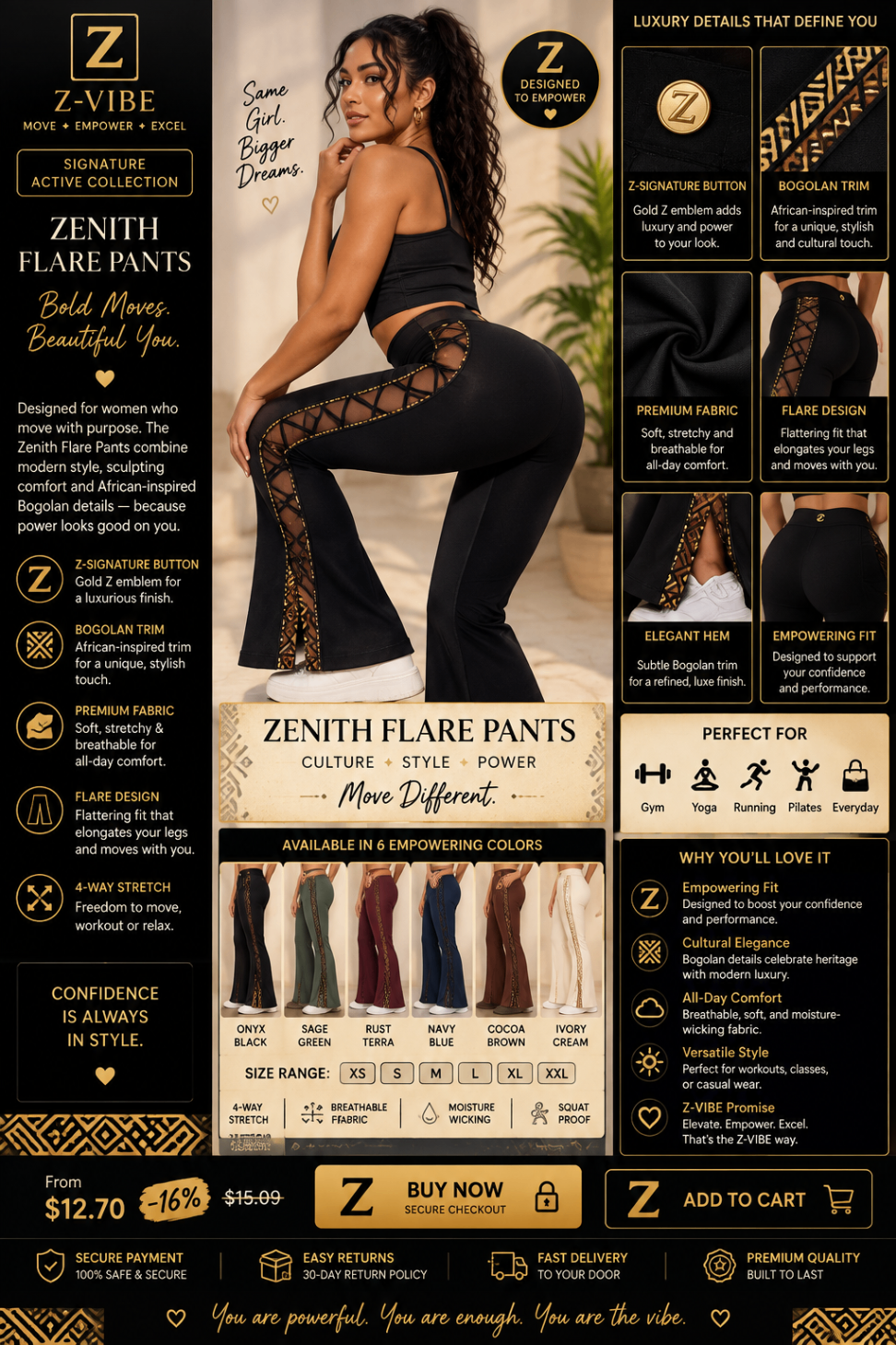 Zenith Lace-Up Flare Pants — Women — House · Z-Vibe Signature Collection seven-view specification plate; showing 01 Front, 02 Left, 03 Right, 04 Back, 05 Interior, 06 Inner tags, 07 Fabric detail. — 01 Front, Onyx Black