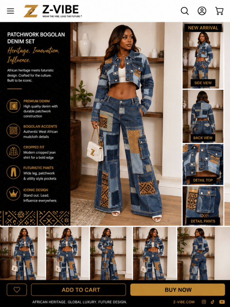 Patchwork Bogolan mudcloth™ Cropped Denim Set — Women · Denim seven-view specification plate; showing 01 Front, 02 Left, 03 Right, 04 Back, 05 Interior, 06 Inner tags, 07 Fabric detail. — 01 Front, Mixed Wash