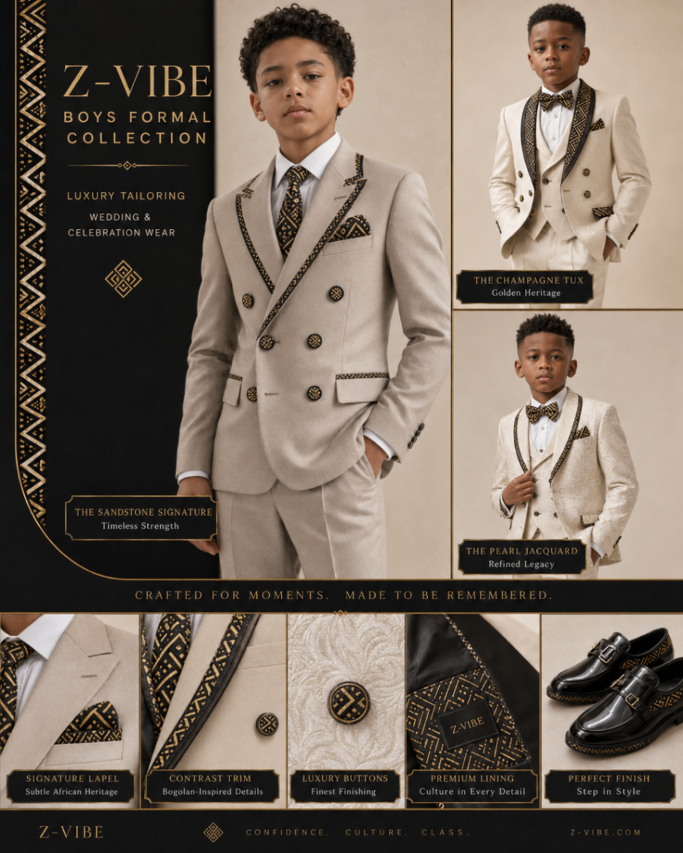 The Sandstone Signature Boys Suit — Boys — House · Boys Formal seven-view specification plate; showing 01 Front, 02 Left, 03 Right, 04 Back, 05 Interior, 06 Inner tags, 07 Fabric detail. — 01 Front, Sandstone