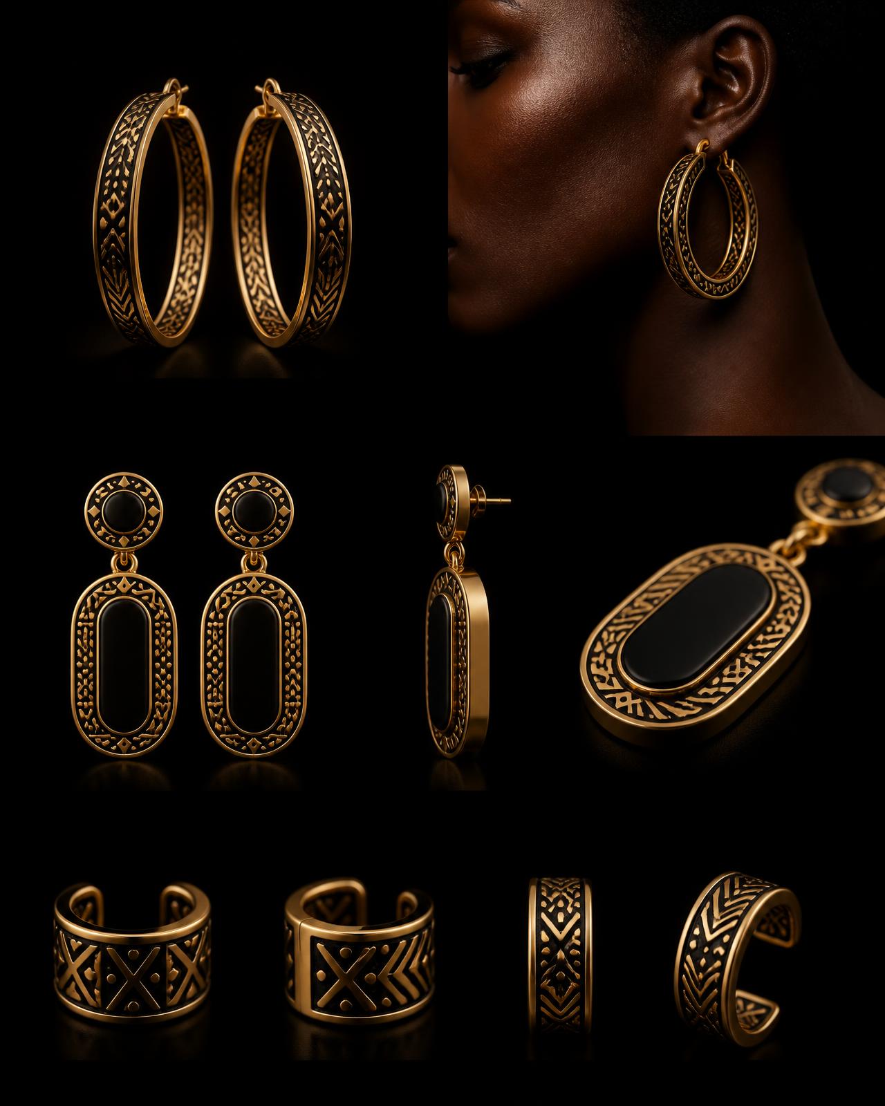 Heritage Hoop Earring — Women — House · Z-Vibe Joaillerie seven-view specification plate; showing 01 Front, 02 Left, 03 Right, 04 Back, 05 Interior, 06 Inner tags, 07 Fabric detail. — 01 Front, Antique Gold