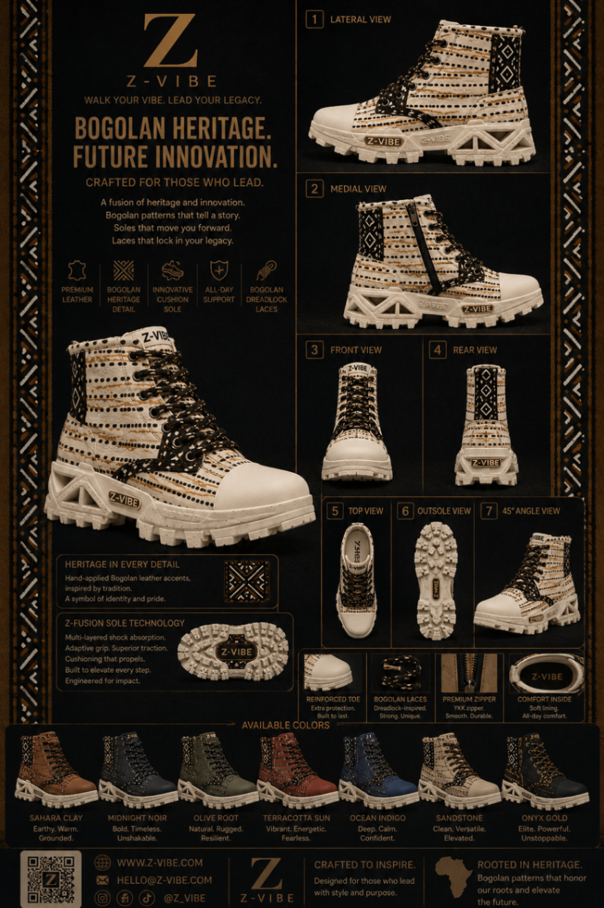 Bogolan mudcloth Sandstone High Top™ — Men · Footwear seven-view specification plate; showing 01 Front, 02 Left, 03 Right, 04 Back, 05 Interior, 06 Inner tags, 07 Fabric detail. — 01 Front, Sahara Clay