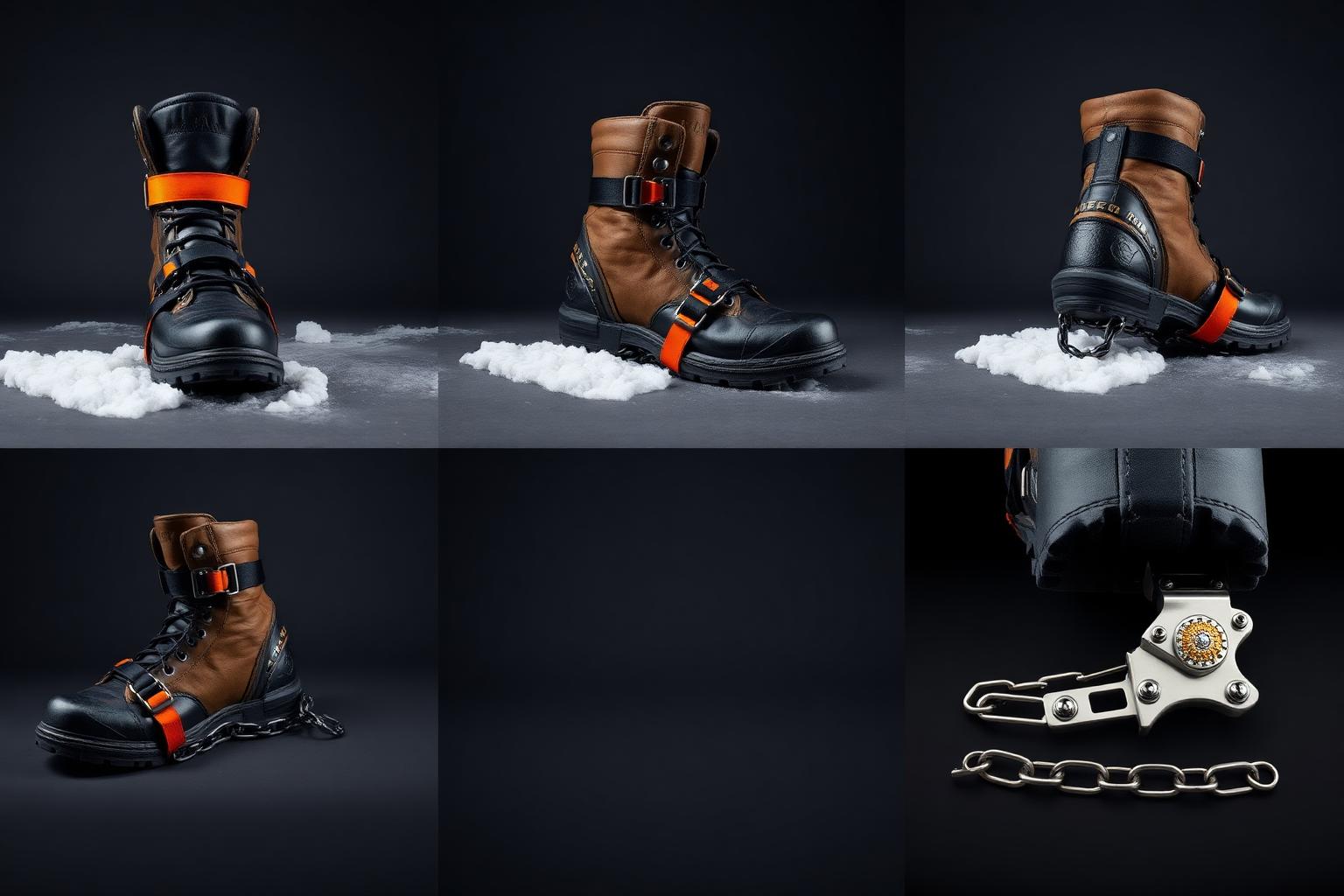 Z-Chain Work Traction System — Men — Unisex · Z-Chain Snow Traction seven-view specification plate; showing 01 Front, 02 Left, 03 Right, 04 Back, 05 Interior, 06 Inner tags, 07 Fabric detail. — 01 Front, Obsidian / Amber