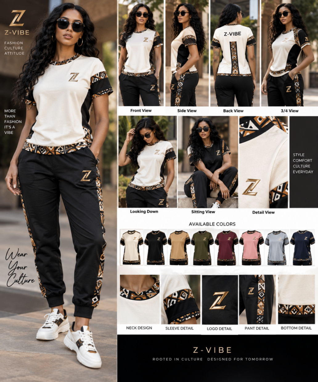 Z-Mark Ivory Tee & Black Bogolan Joggers — Women — House · Z-Vibe Bogolan Lounge™ seven-view specification plate; showing 01 Front, 02 Left, 03 Right, 04 Back, 05 Interior, 06 Inner tags, 07 Fabric detail. — 01 Front, Ivory / Black