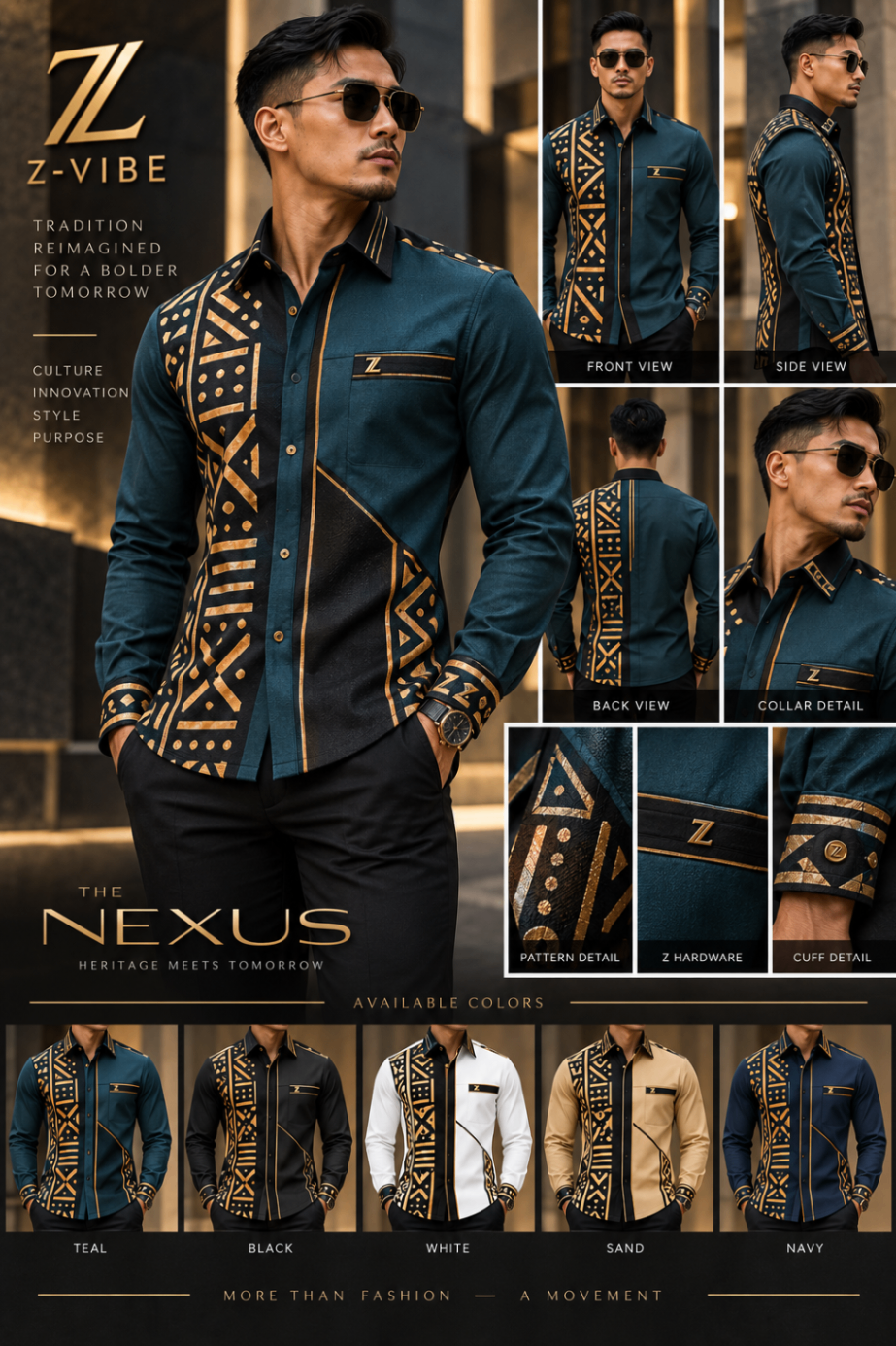 Men · Z-Vibe Atelier Shirts™ VIII — approved Z-Vibe design board with Bogolan detailing