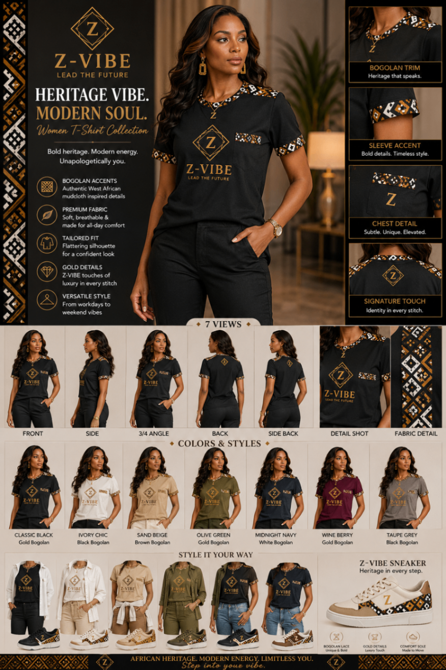 Z-VIBE™ Heritage Tee — Collection Board — Women · Signature Jersey seven-view specification plate; showing 01 Front, 02 Left, 03 Right, 04 Back, 05 Interior, 06 Inner tags, 07 Fabric detail. — 01 Front, Classic Black