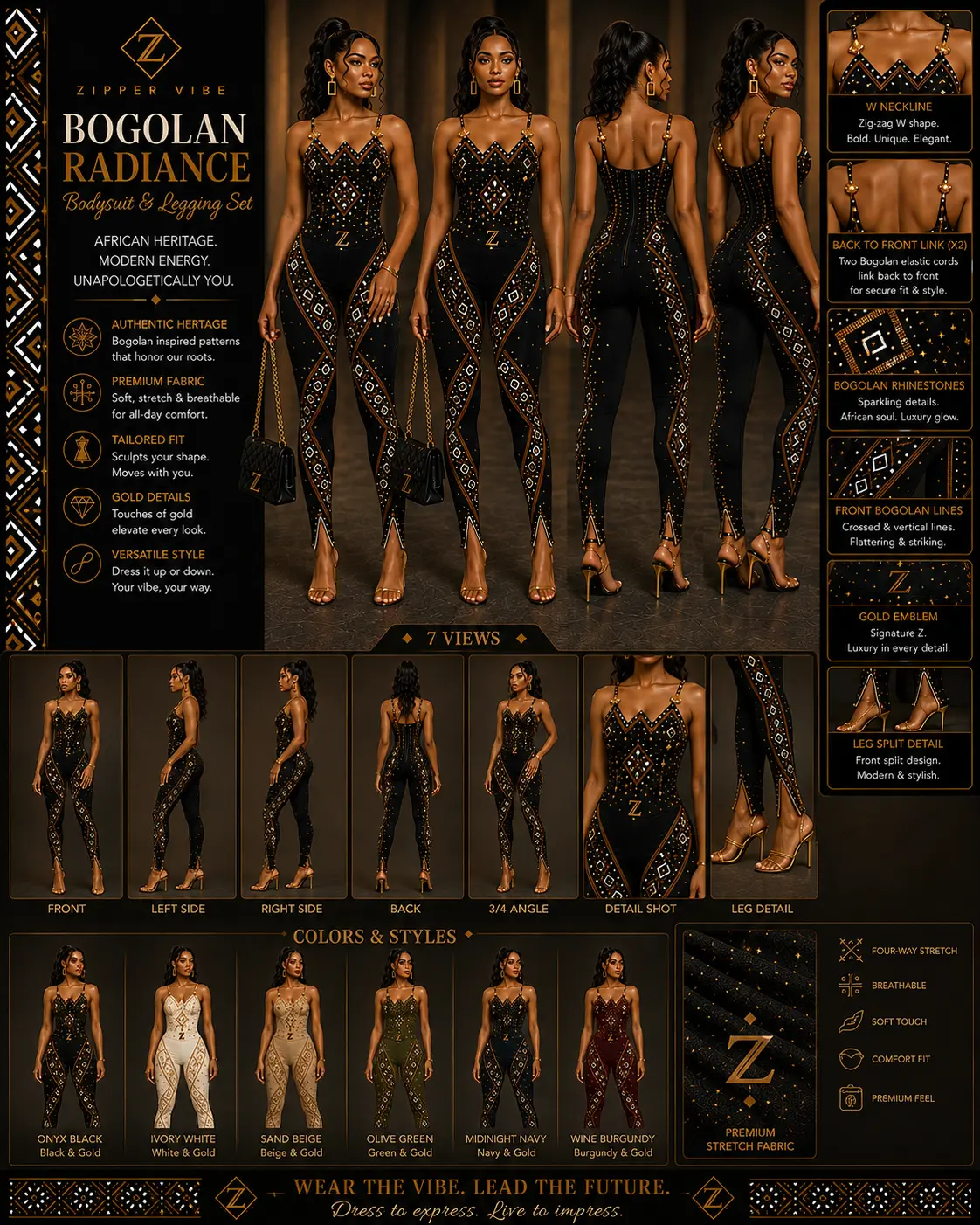 Bogolan Radiance Bodysuit & Legging Set — Women — Women · Z-Vibe Radiance seven-view specification plate; showing 01 Front, 02 Left, 03 Right, 04 Back, 05 Interior, 06 Inner tags, 07 Fabric detail. — 01 Front, Onyx Black