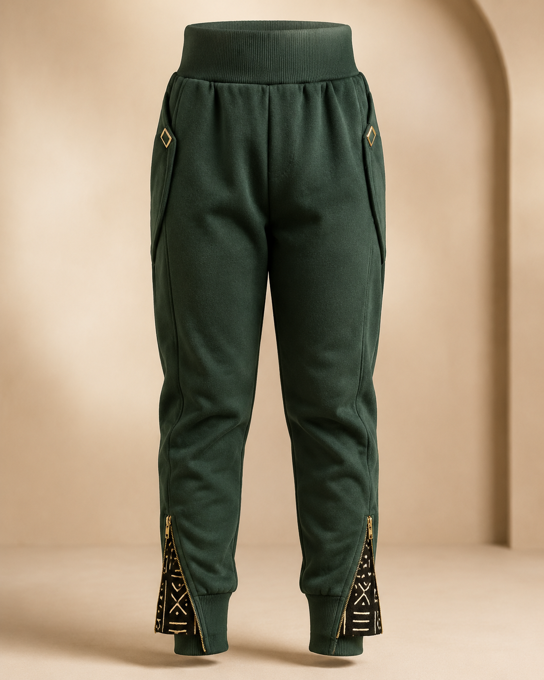 Emerald Orbit Jogger — Girls — House · Z-Vibe Winter Pants Atelier™ seven-view specification plate; showing 01 Front, 02 Left, 03 Right, 04 Back, 05 Interior, 06 Inner tags, 07 Fabric detail. — 01 Front, Deep Emerald