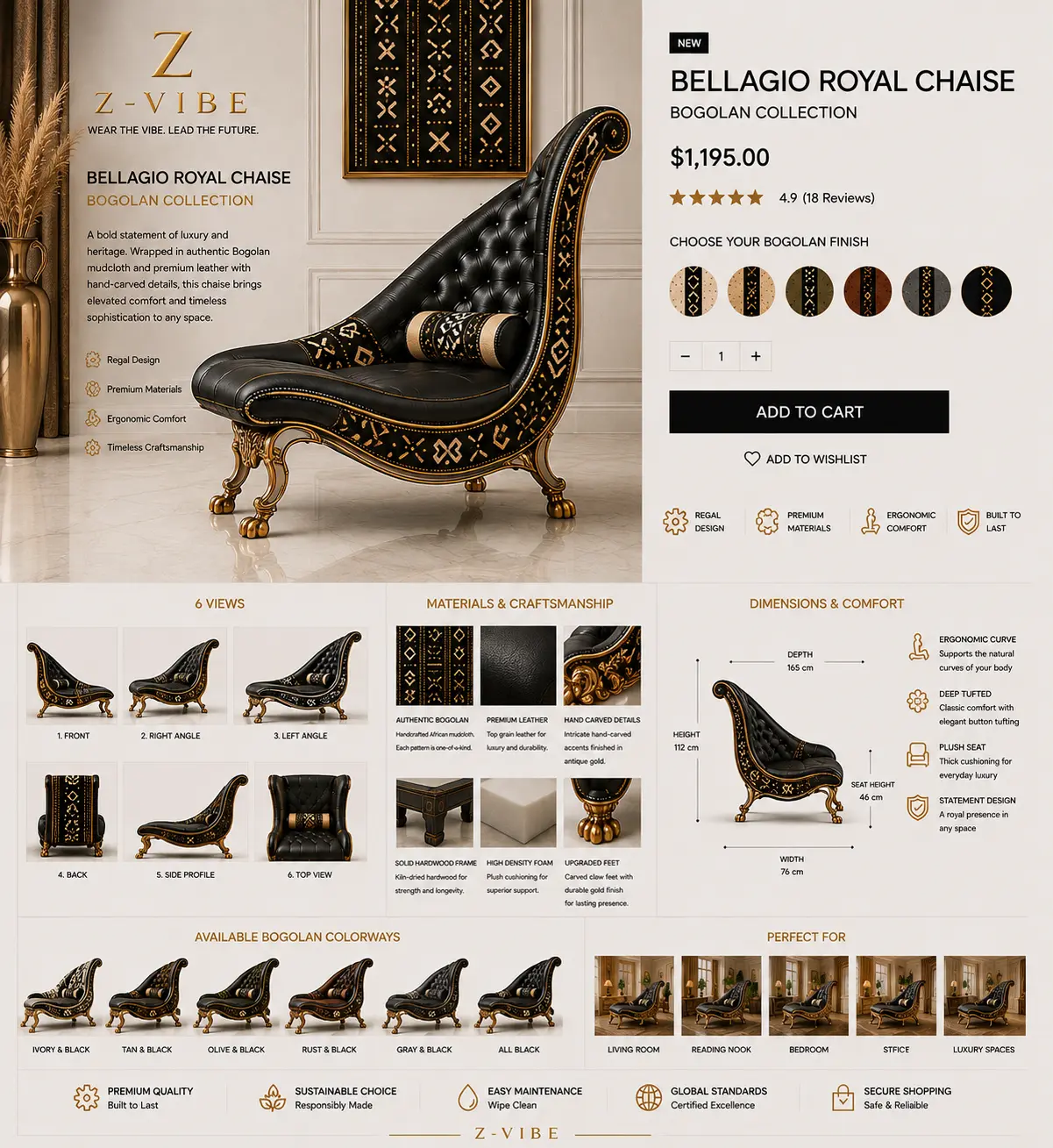 Bellagio Royal Chaise — Noir Leather design board