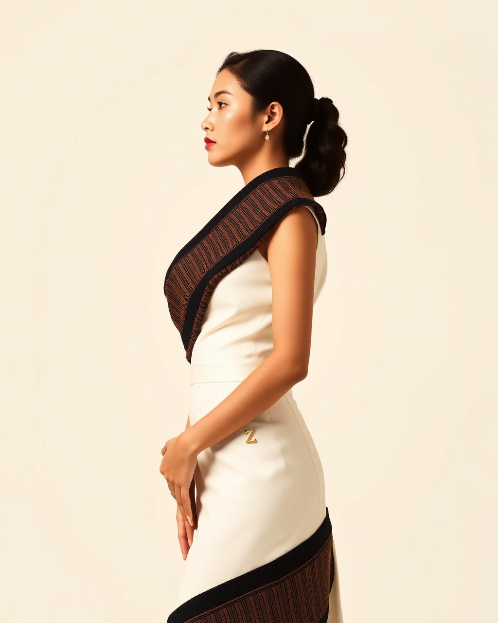 Elevate Asymmetry Dress — Women — House · Global Heritage Fusion seven-view specification plate; showing 01 Front, 02 Left, 03 Right, 04 Back, 05 Interior, 06 Inner tags, 07 Fabric detail. — 01 Front, Ivory / Brown-Black
