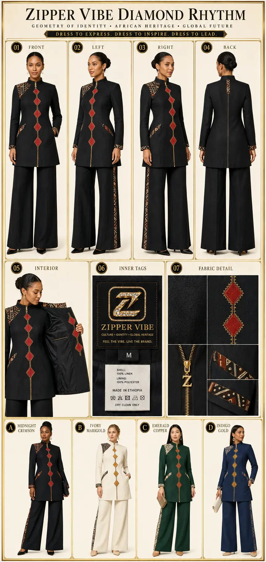 Diamond Rhythm — Women · Tailoring seven-view specification plate; showing 01 Front, 02 Left, 03 Right, 04 Back, 05 Interior, 06 Inner tags, 07 Fabric detail.