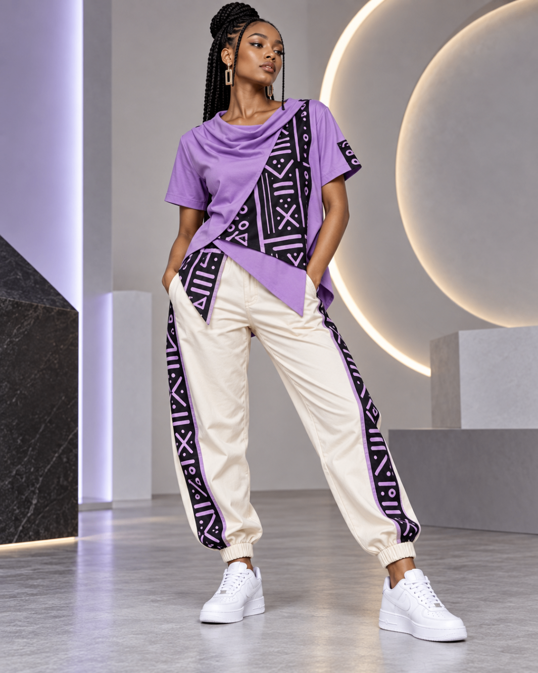 Lavender Wrap Tee & Cream Rail Joggers — Women — House · Z-Vibe Bogolan Lounge™ seven-view specification plate; showing 01 Front, 02 Left, 03 Right, 04 Back, 05 Interior, 06 Inner tags, 07 Fabric detail. — 01 Front, Lavender / Cream