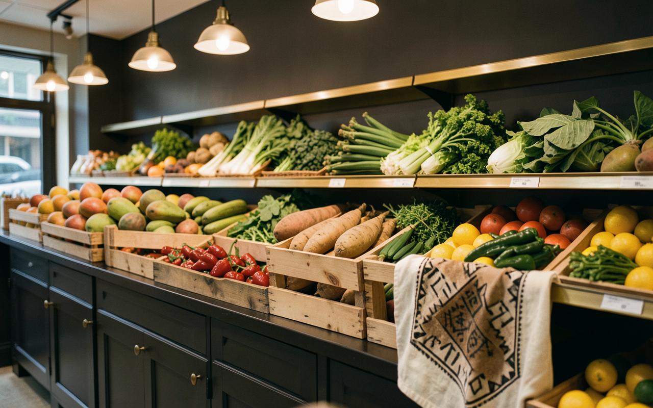 Fresh produce aisle with crates of mangoes, plantain, yams and peppers under warm pendant lighting
