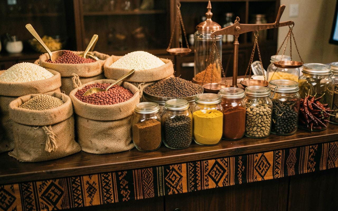 Spice and grain counter with open sacks of rice and lentils beside jars of turmeric, paprika and peppercorns