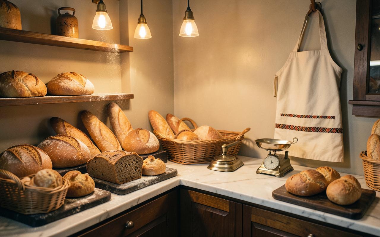 In-store bakery corner with golden loaves, baskets of rolls and a marble counter