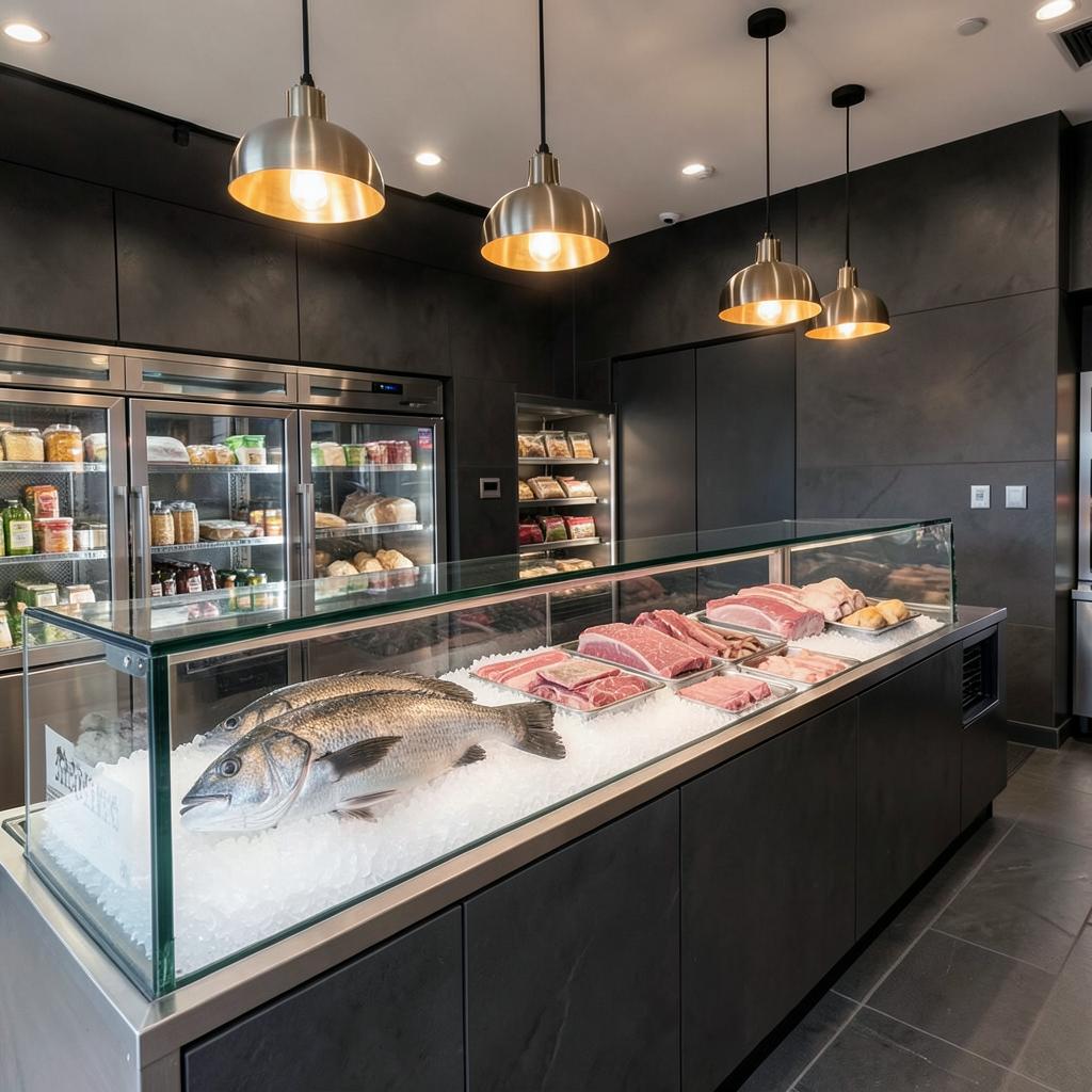 Glass butcher and seafood counter with whole fish on crushed ice and trays of cut meat