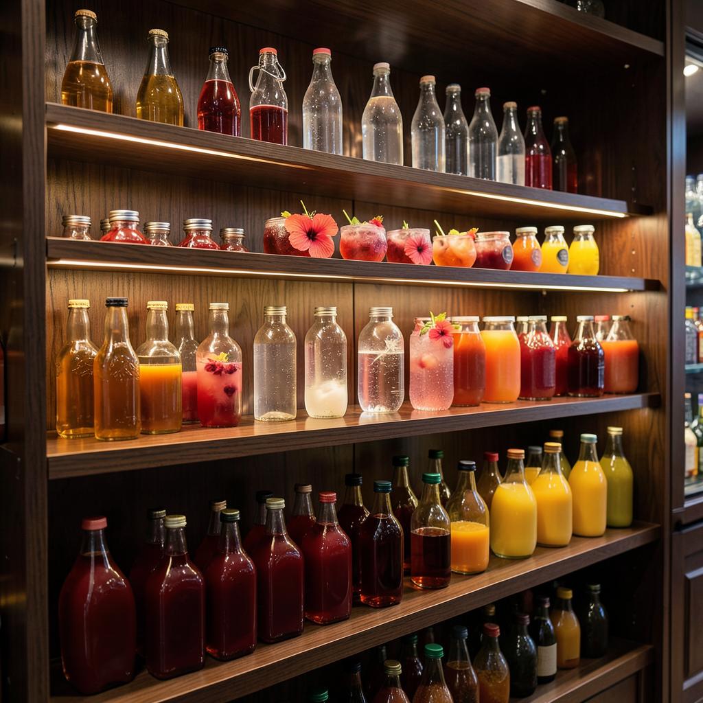 Beverage shelves lined with bottles of hibiscus, ginger and citrus drinks on dark timber