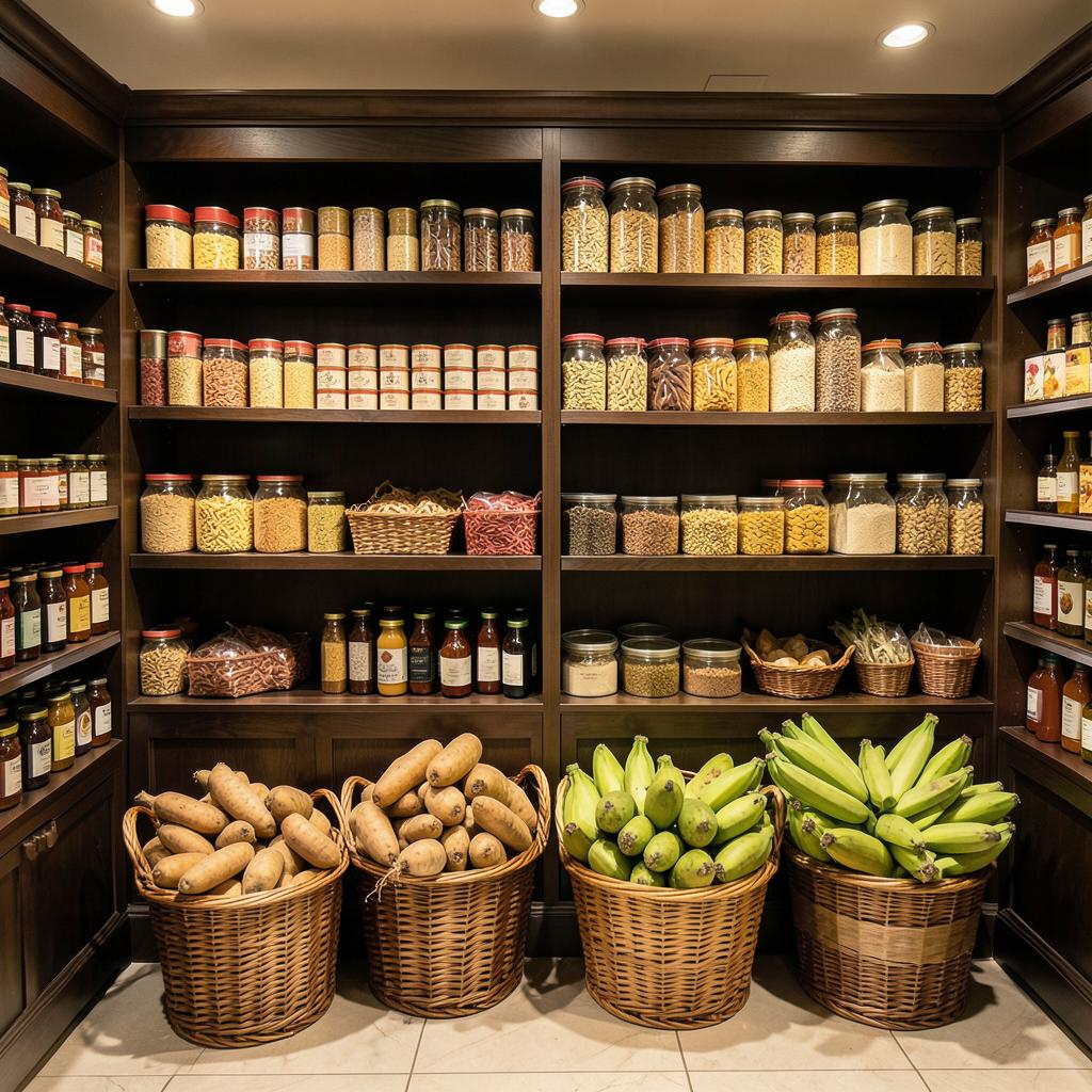 International foods aisle with jars of dry goods above baskets of yams, cassava and plantain
