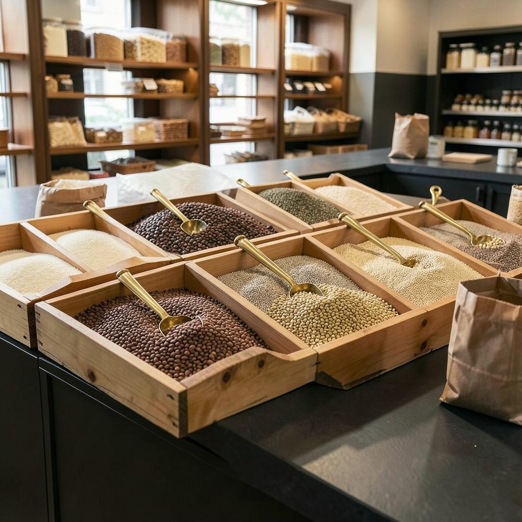 Bulk dry-goods station with open wooden bins of rice, beans and lentils and brass scoops