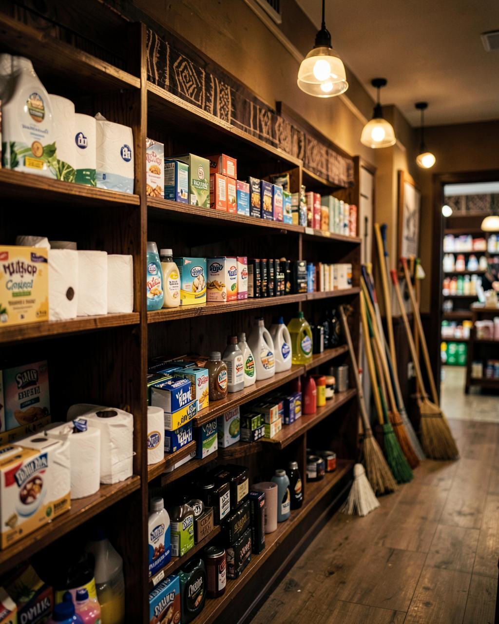 Household essentials aisle with paper towels, laundry soap, dish liquid and brooms on dark wood shelves