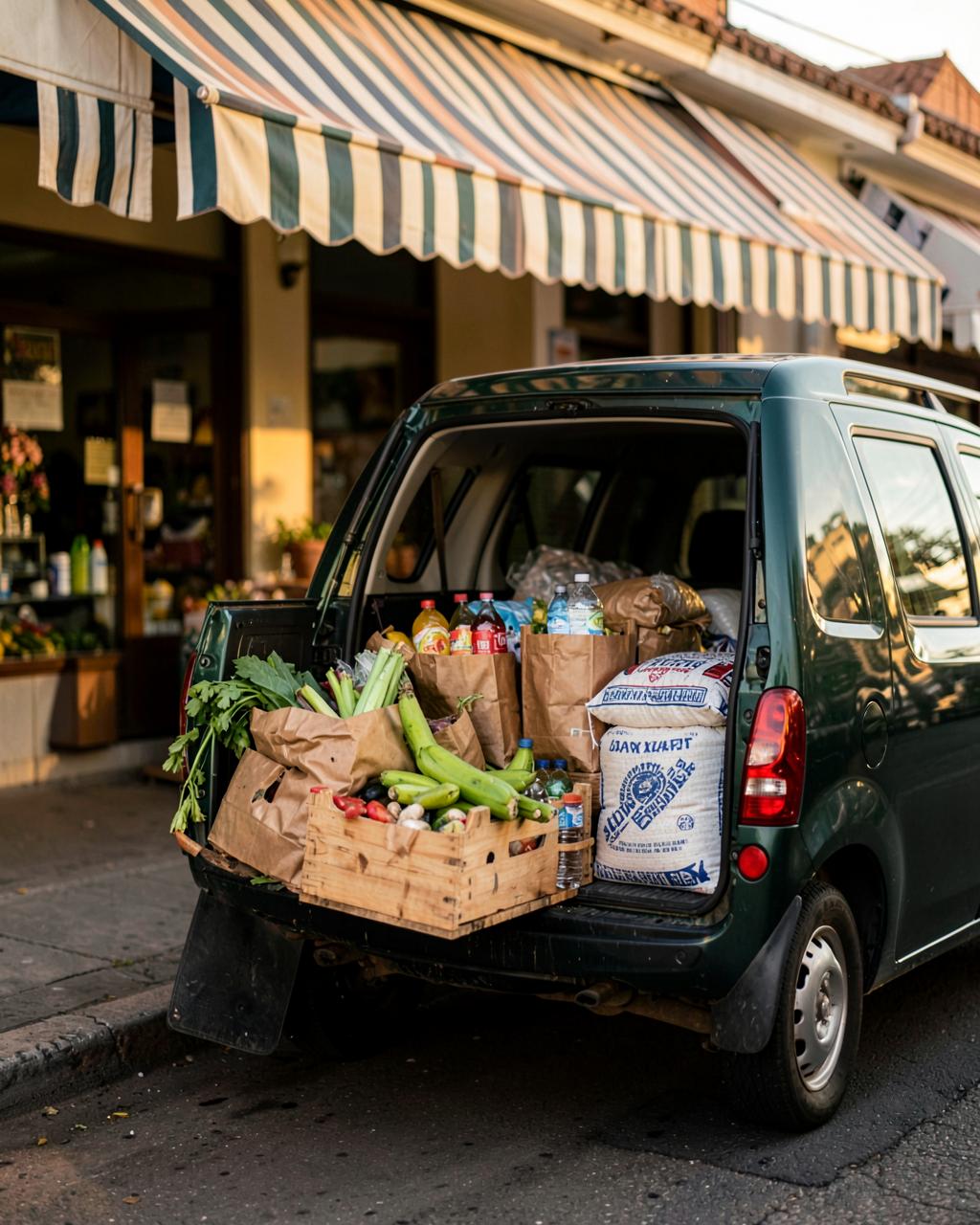 Crates and paper bags of groceries loaded into the back of a small delivery van outside a store with a striped awning