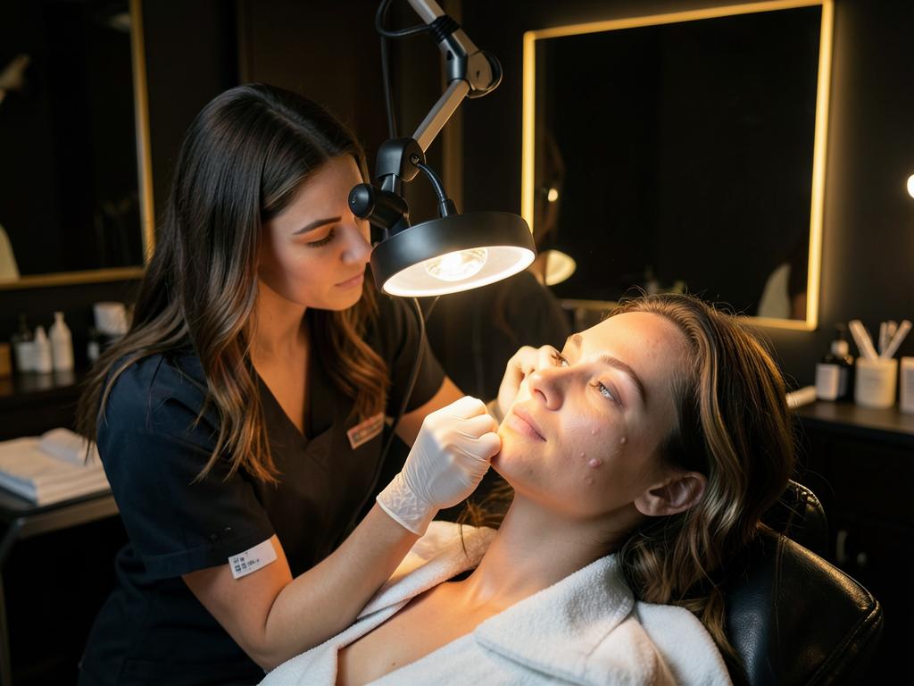 Esthetician examining a client's skin under a magnifying lamp