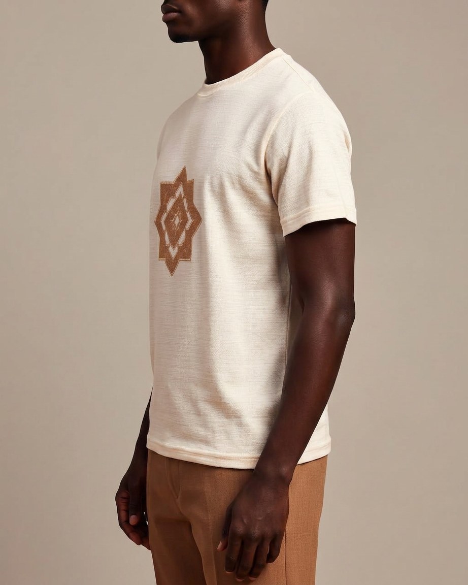 African Art Tee — Men, 02 Left (view 2 of 7). Left profile: shoulder line, sleeve fall and the outer seam trim.