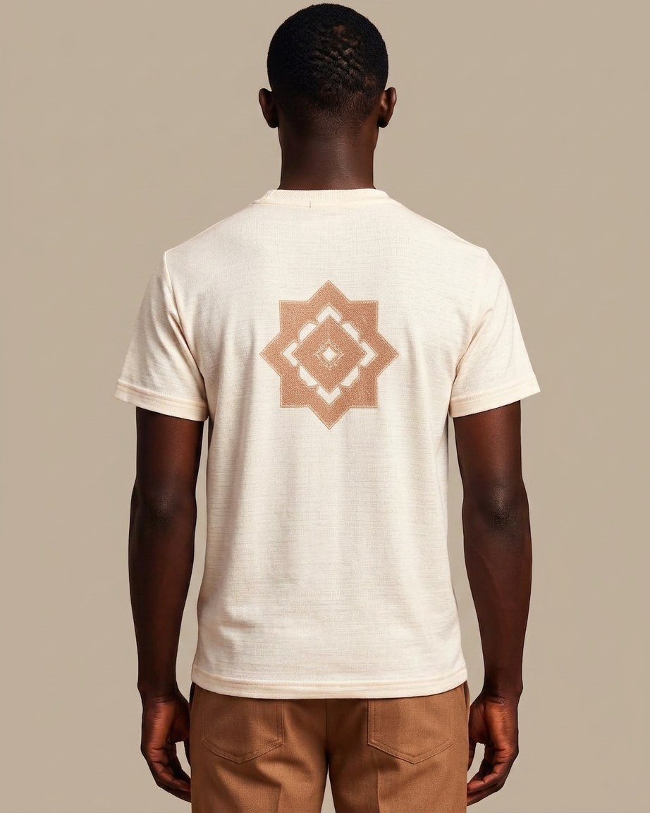 African Art Tee — Men, 04 Back (view 4 of 7). Back view: yoke, centre seam and the hem finish.