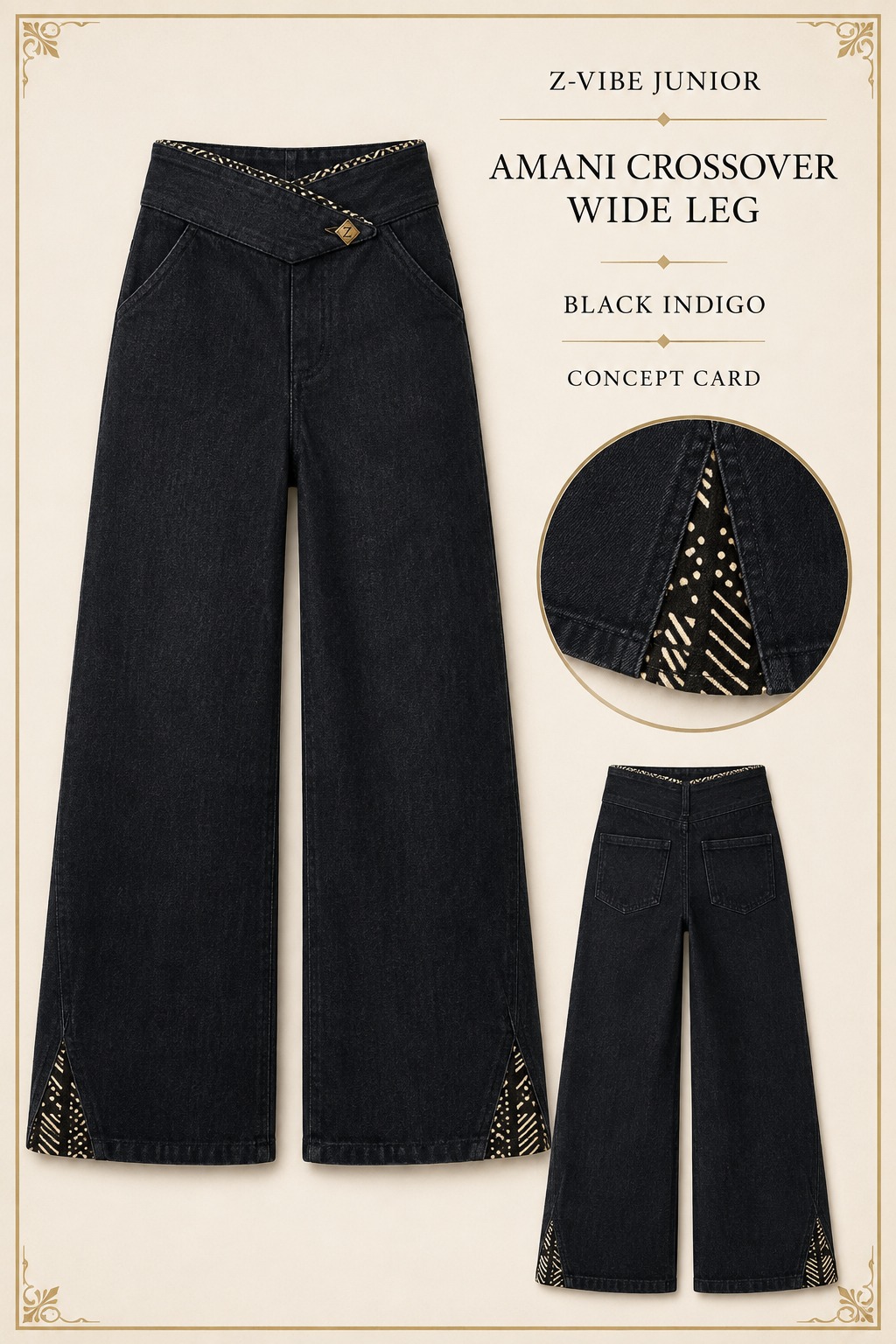 Amani Crossover Wide Leg — Junior · Denim seven-view specification plate; showing 01 Front, 02 Left, 03 Right, 04 Back, 05 Interior, 06 Inner tags, 07 Fabric detail.