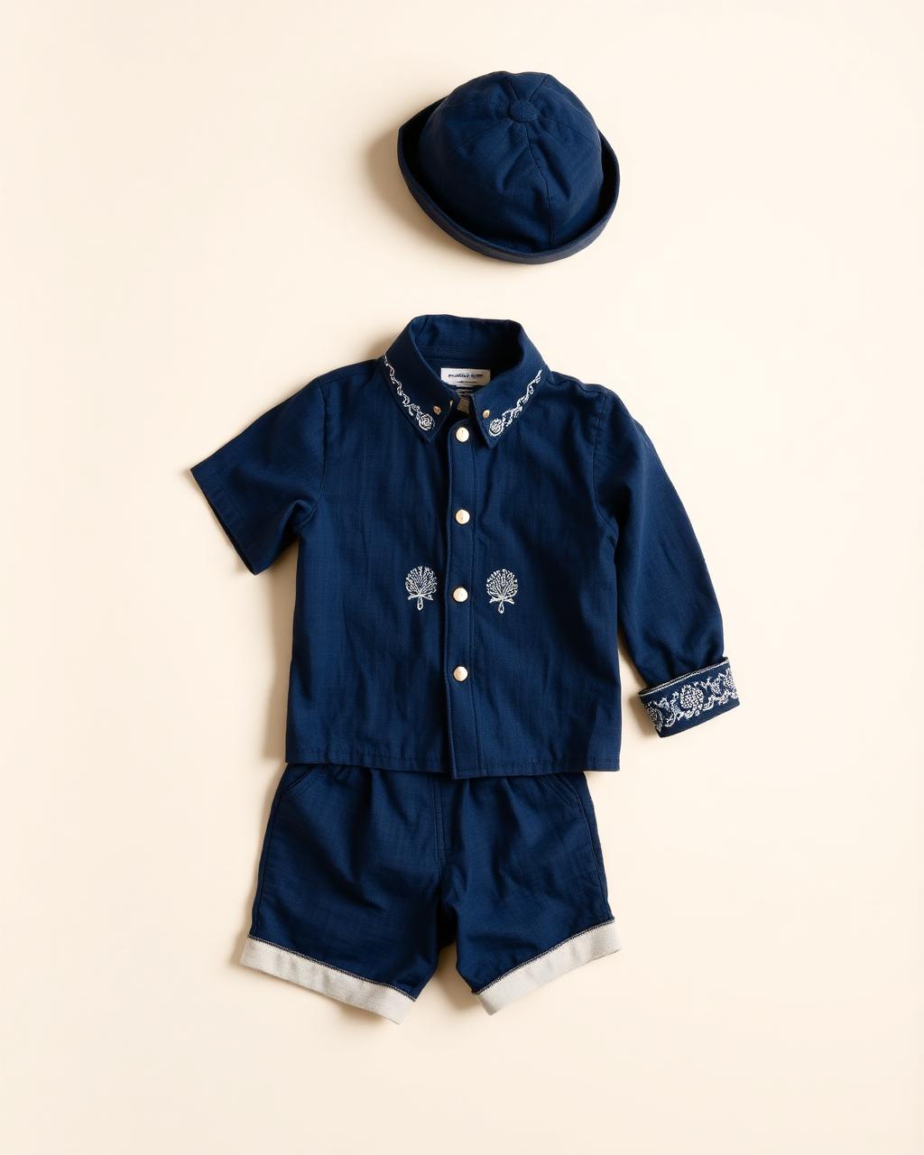 Indigo Baby — Boys — House · Z-Vibe Baby Linen Heritage™ seven-view specification plate; showing 01 Front, 02 Left, 03 Right, 04 Back, 05 Interior, 06 Inner tags, 07 Fabric detail. — 01 Front, Indigo